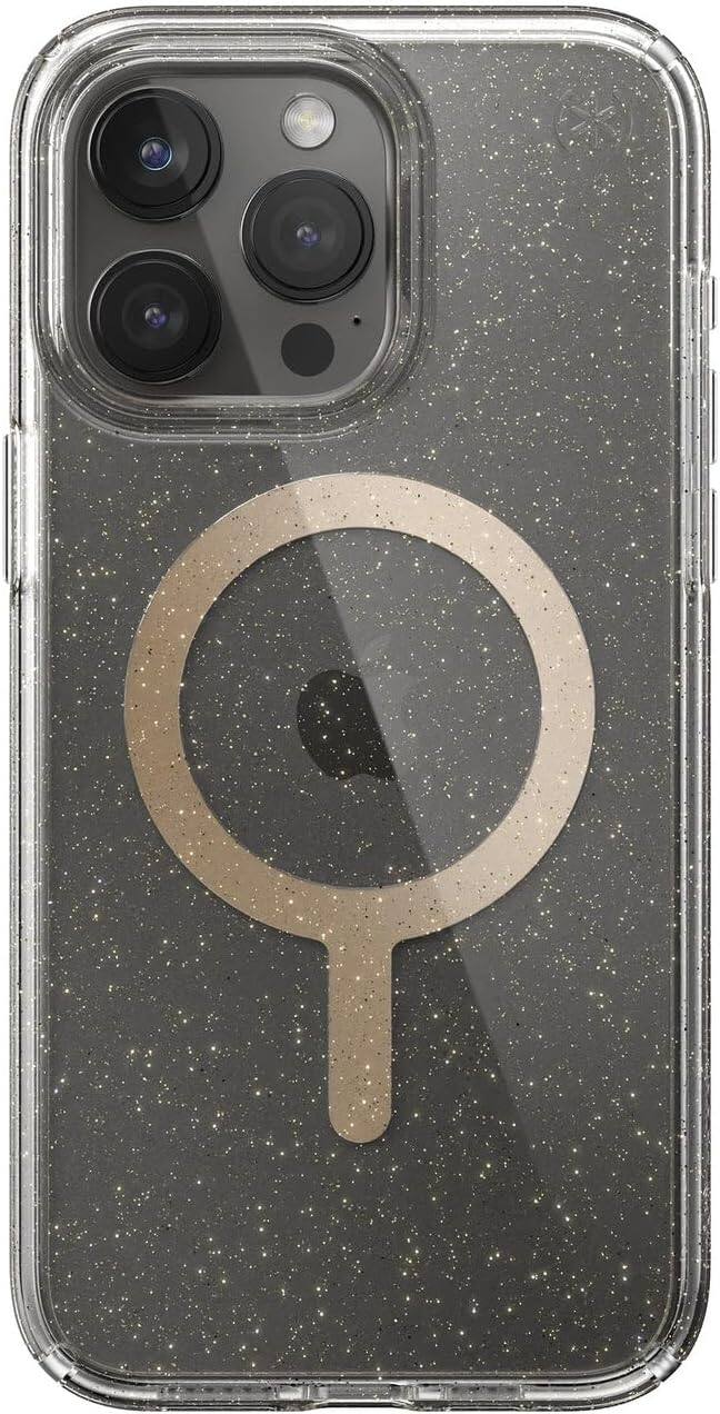 Left. Speck - Speck Presidio Lux with Gold MagSafe Glitter Case - iPhone 16 Pro Max - Clear/Gold Glitter.