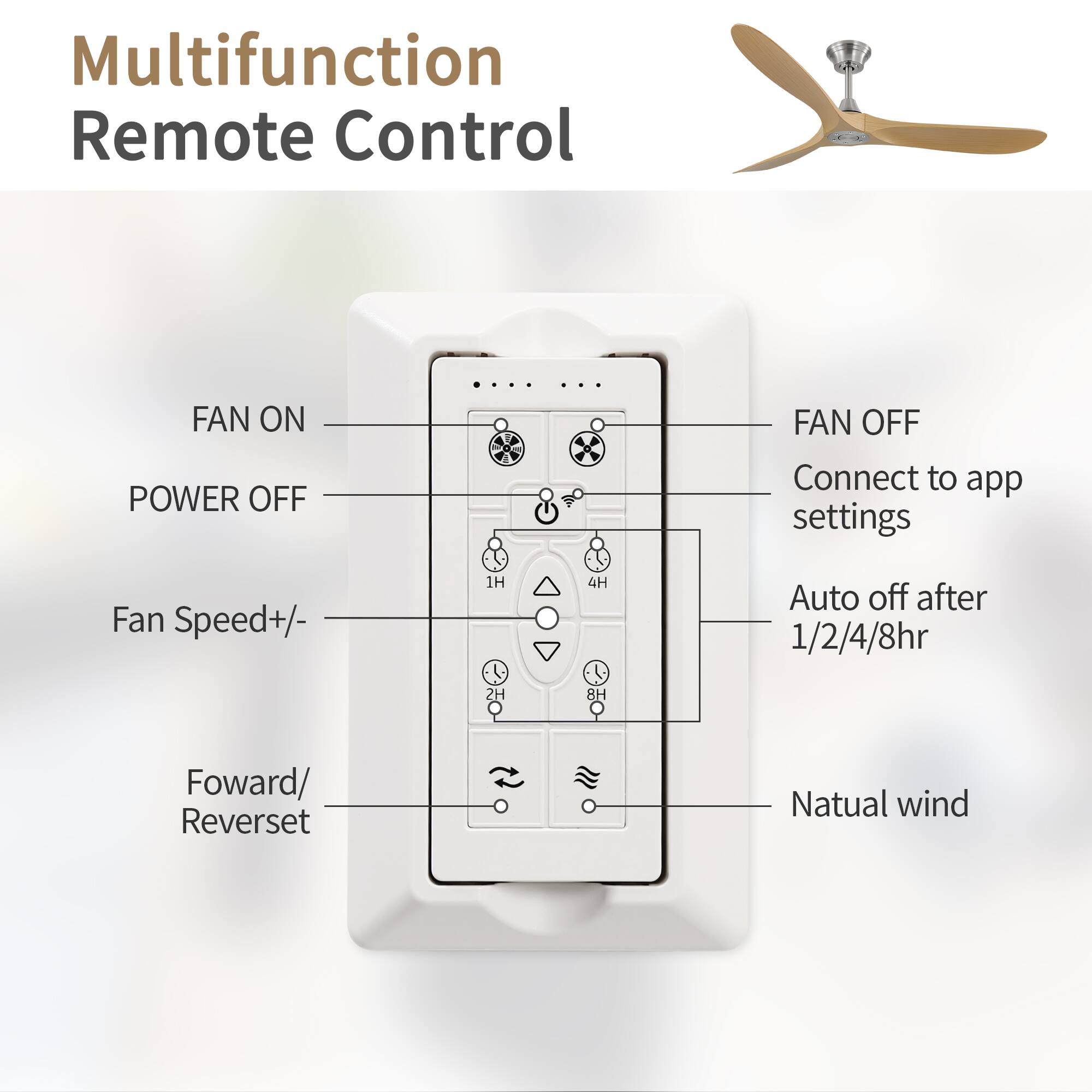 Multifunction Remote Control

- FAN ON
- POWER OFF
- FAN OFF
- Connect to app settings
- Fan Speed+/- 
- Forward/ Reverse
- Auto off after 1/2/4/8hr
- Natural wind