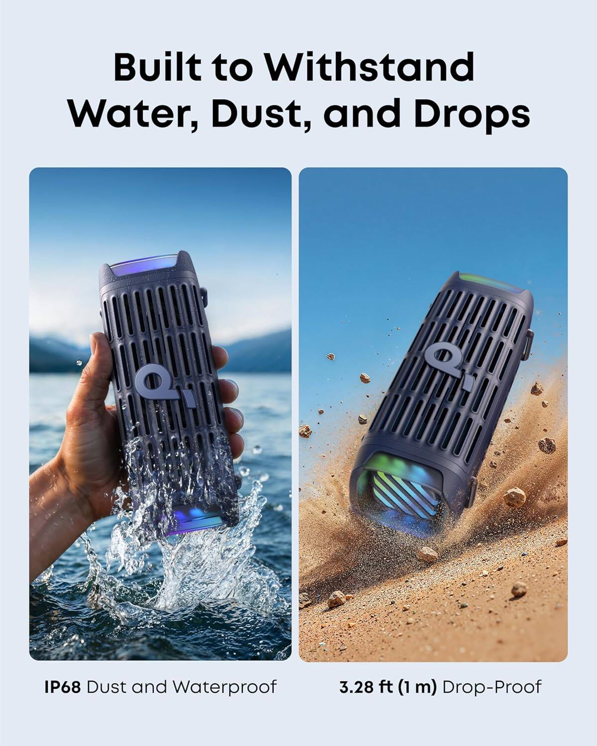 Built to Withstand Water, Dust, and Drops

Q IP68 Dust and Waterproof

3.28 ft (1 m) Drop-Proof