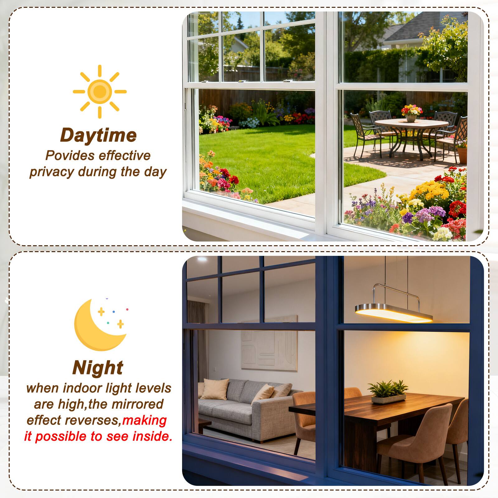 Daytime  
Provides effective privacy during the day  

Night  
When indoor light levels are high, the mirrored effect reverses, making it possible to see inside.