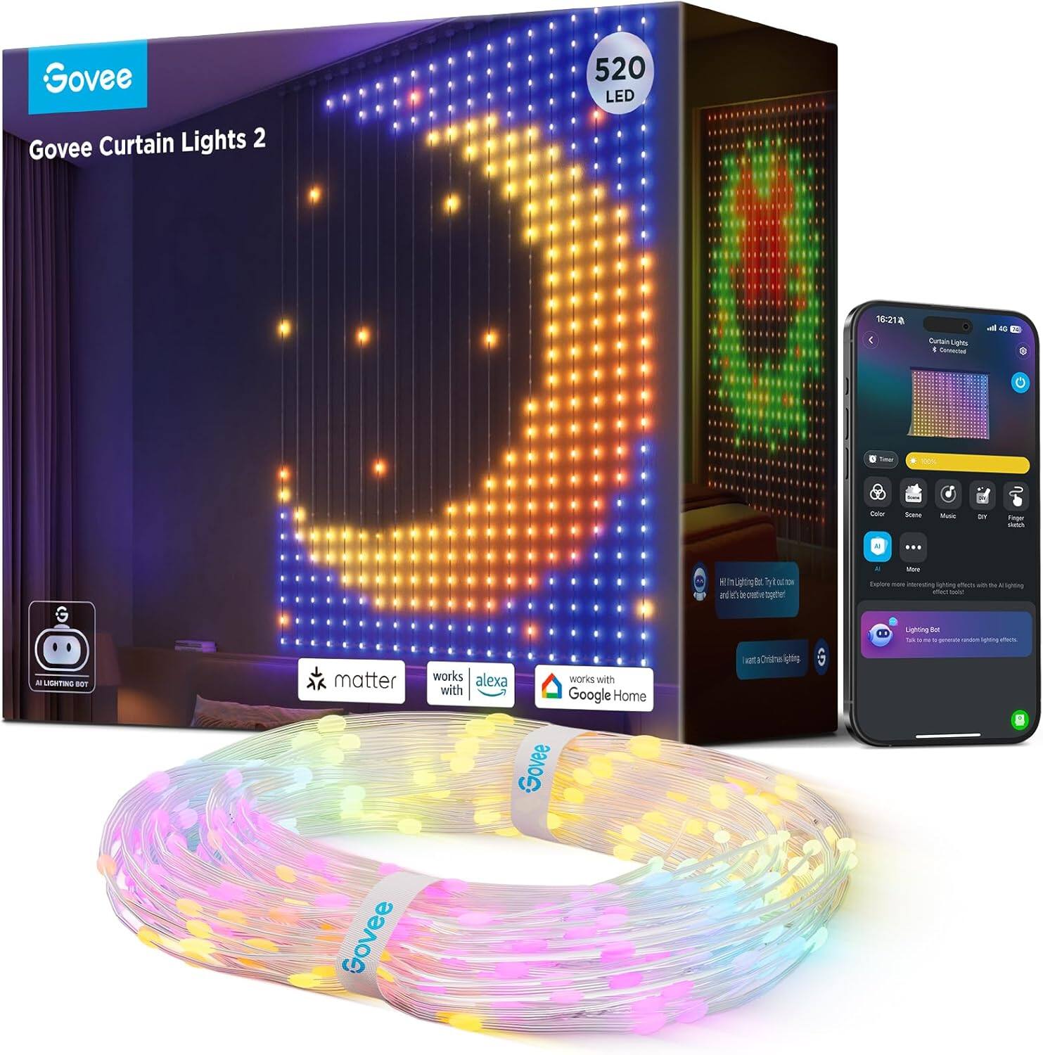 Govee Curtain Lights 2

520 LED

works with matter
works with alexa
works with Google Home

Govee

Govee Lighting Bot

Govee

Govee

Govee
