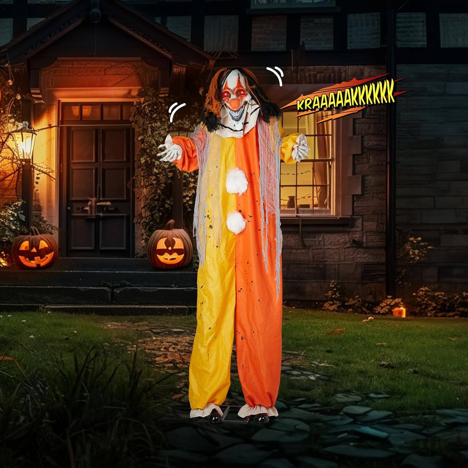 Alt View 6. Winado - 8.2FT Halloween Scary Standing Clown with Clown Voice, Lighted Eyes, Haunted House Prop for In/Outdoor Garden Decoration - Orange & White.