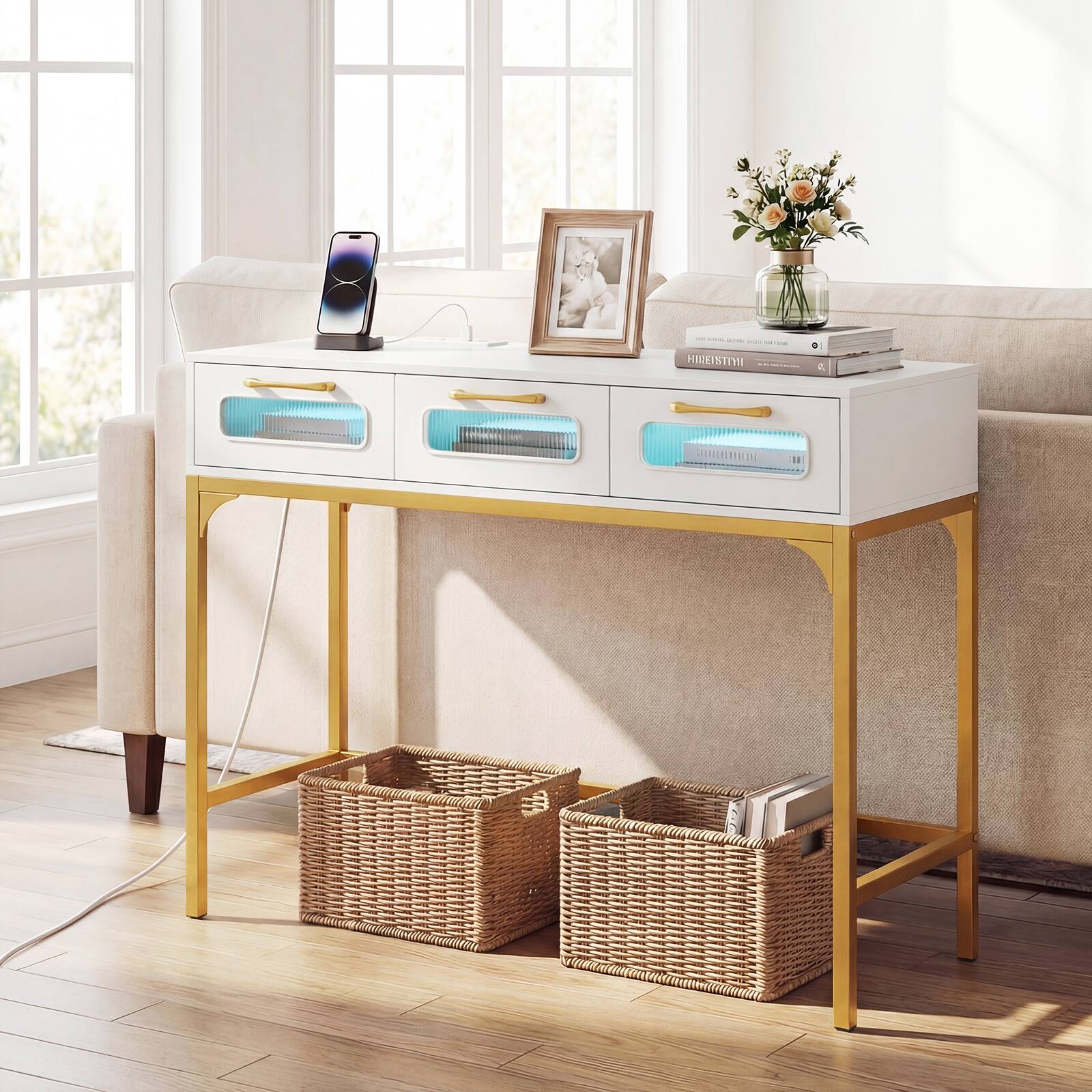 Alt View 1. Costway - Costway Console Table with LED Lighting & Charging Station,Entryway Table with 3 Drawers - White+ Golden.
