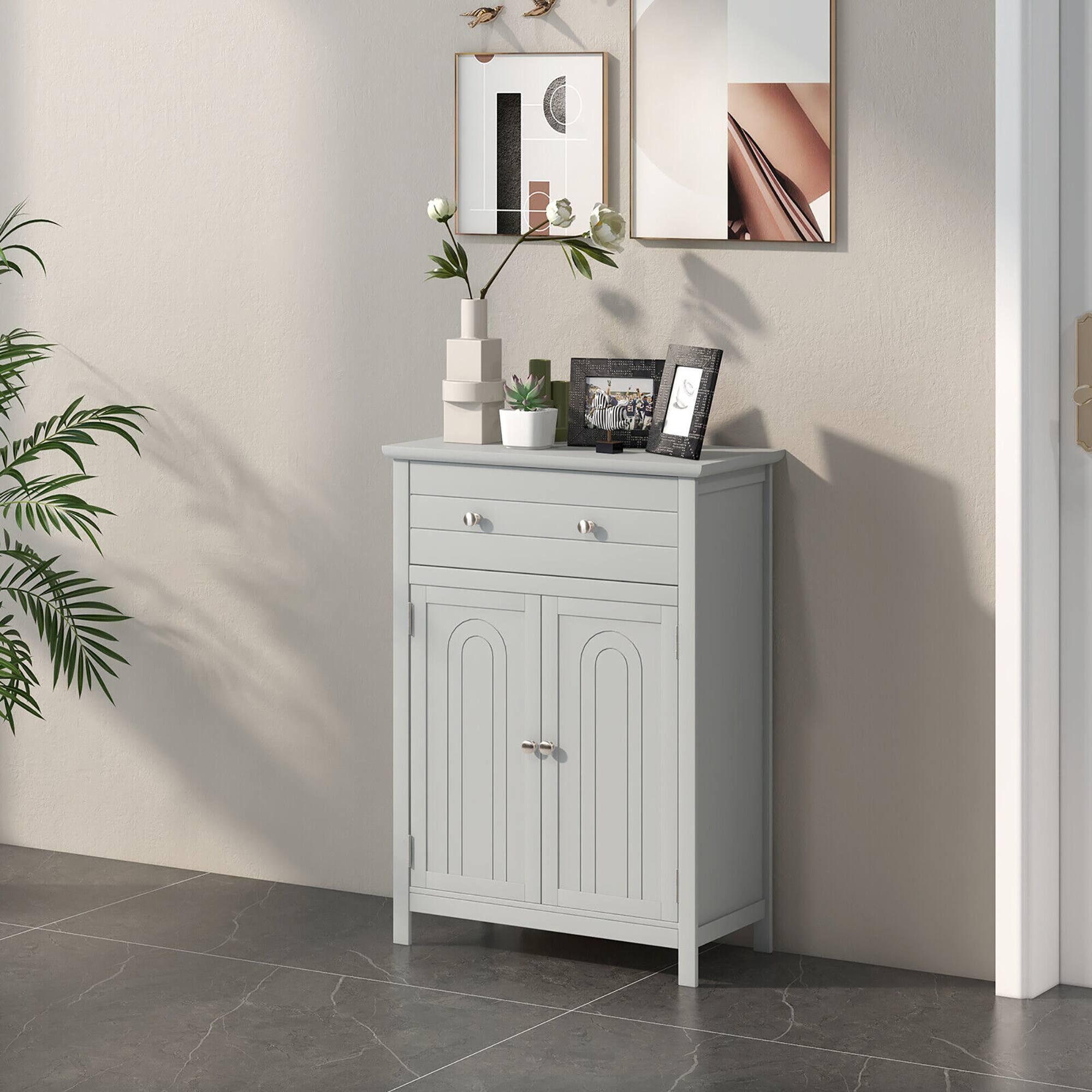 Alt View 2. Gymax - Gymax Bathroom Floor Cabinet Wooden Storage Organizer with Drawer & Doors Blcak - Grey.