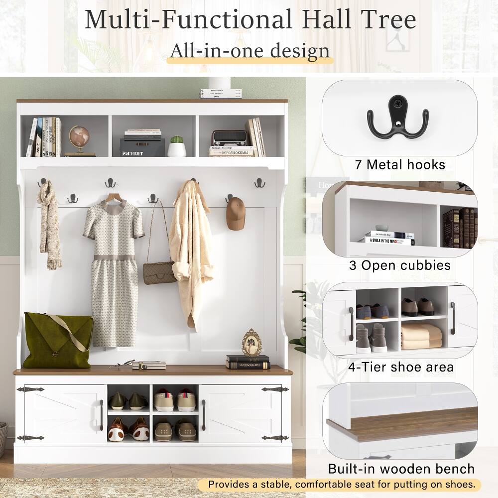 Multi-Functional Hall Tree  
All-in-one design

- 7 Metal hooks
- 3 Open cubbies
- 4-Tier shoe area
- Built-in wooden bench  
  Provides a stable, comfortable seat for putting on shoes.