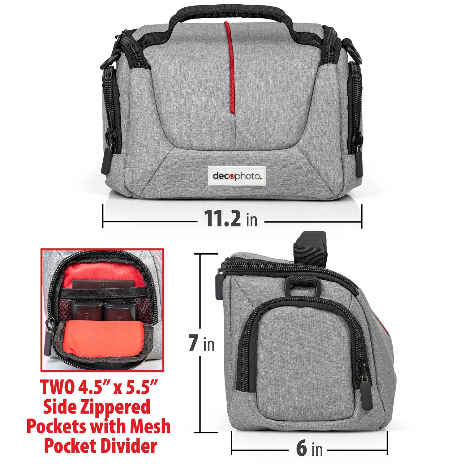 decophoto.  
11.2 in x 7 in  
TWO 4.5" x 5.5" Side Zippered Pockets with Mesh Pocket Divider  
6 in