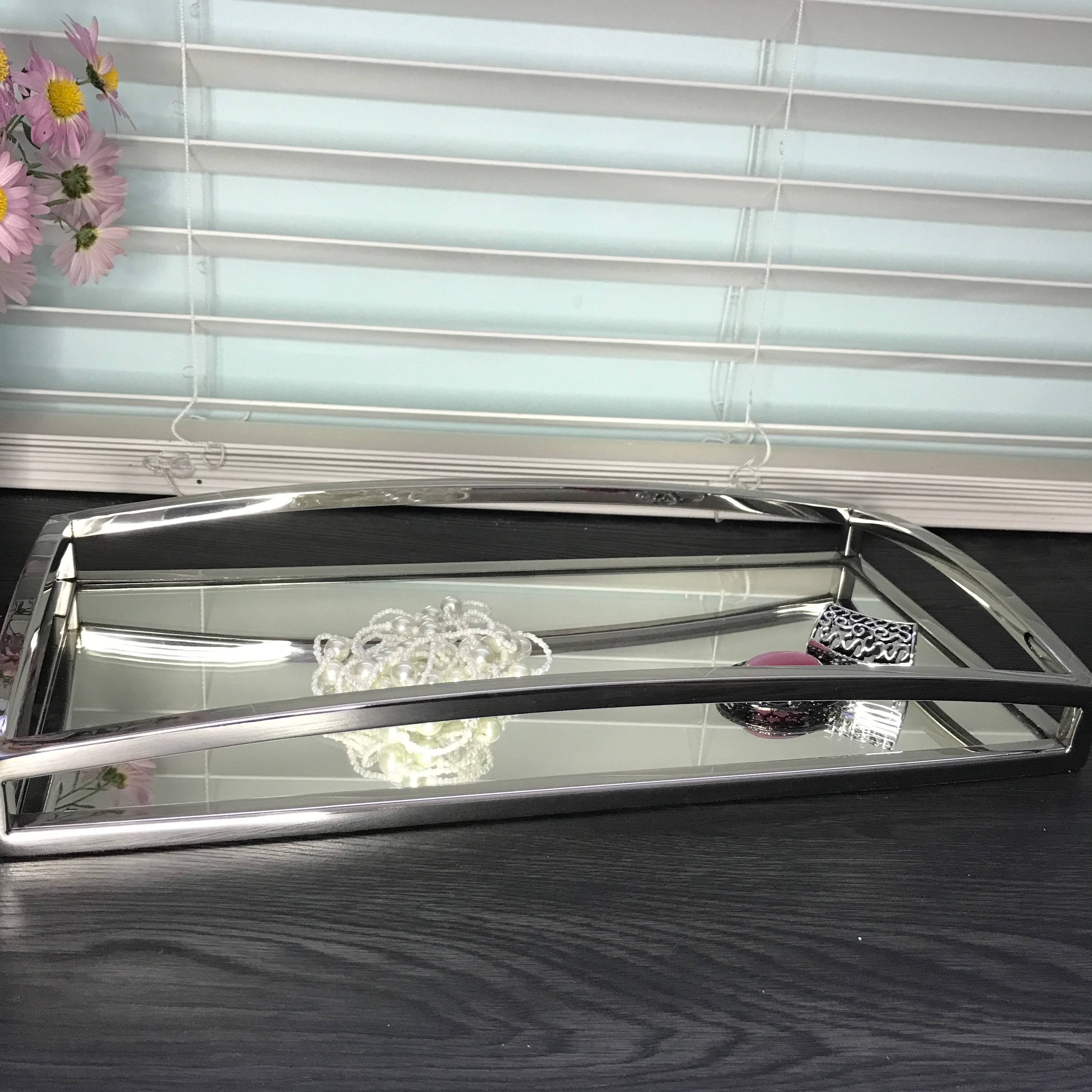 Alt View 1. Jiallo - Silver Metallic Rectangular vanity tray with mirror 15.75 x 8" - Silver.