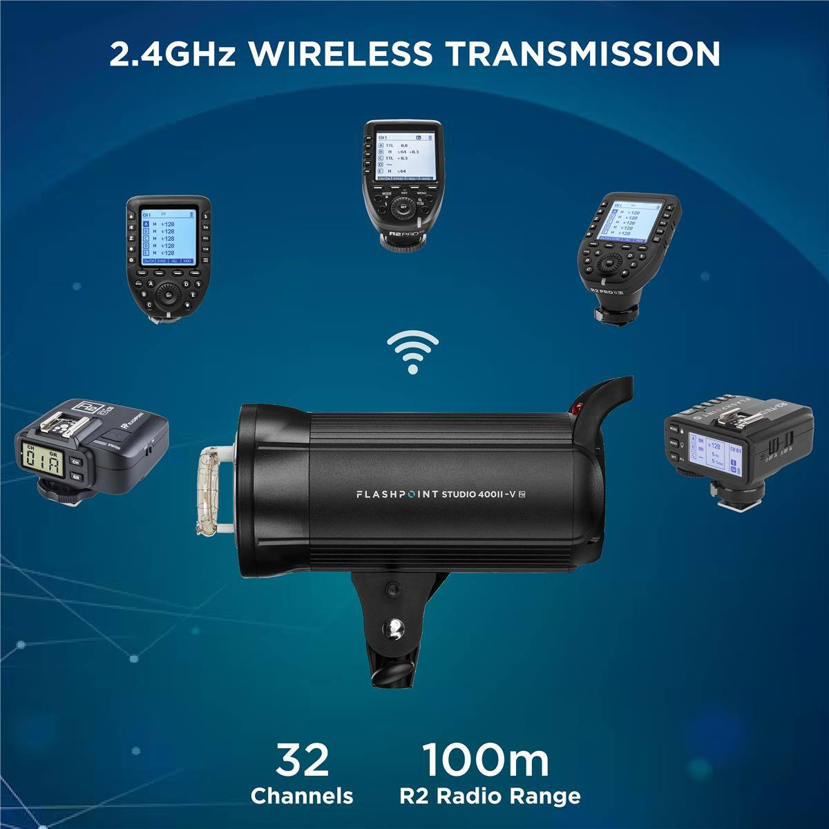 2.4GHz WIRELESS TRANSMISSION

WT2N

FLASHPOINT STUDIO 4001-V

32 Channels

100m R2 Radio Range