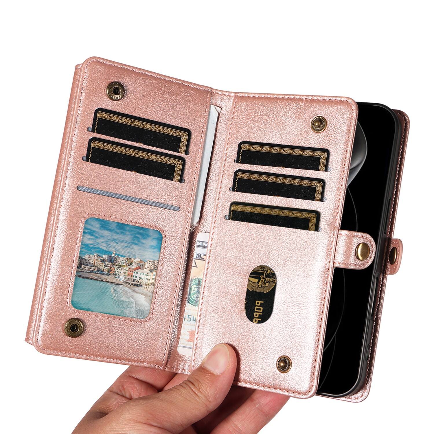 Alt View 2. UUCOVER - Zipper Wallet Case for Apple iPhone 17 Pro Max with RFID Card Slots, Cash Pockets, Shoulder Strap, Magnetic Flip Stand - Rosegold.