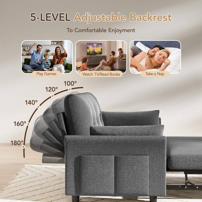 5-LEVEL Adjustable Backrest for Comfortable Enjoyment: Play Games, Watch TV/Read Books, Take a Nap. The angles are 100°, 120°, 140°, 160°, and 180°.
