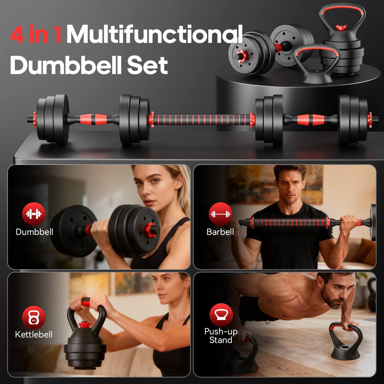 4 in 1 Multifunctional Dumbbell Set

- Dumbbell
- Barbell
- Kettlebell
- Push-up Stand