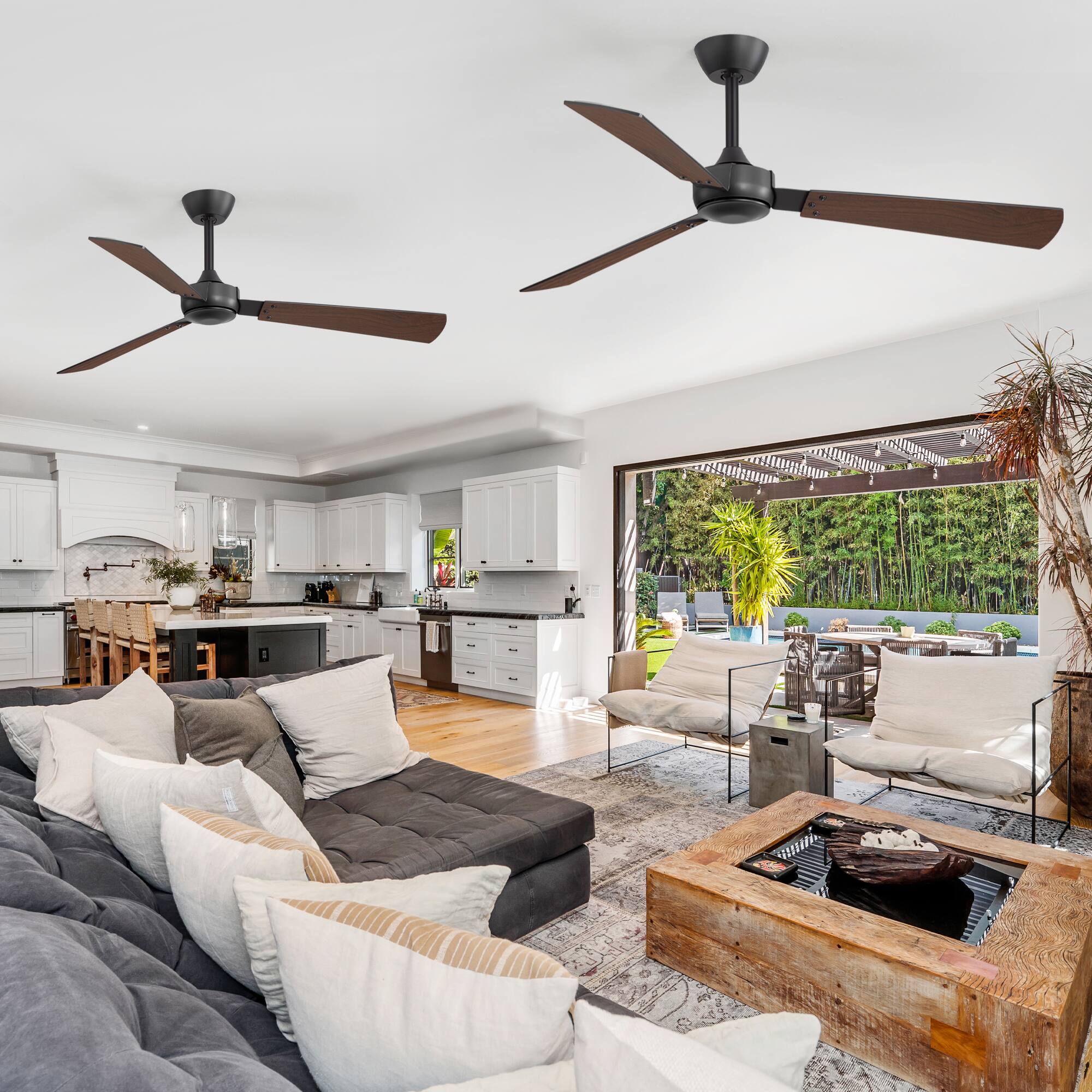 Alt View 1. Breezary - Breezary 52" 2-Pack No-Light Indoor/Covered Outdoor Ceiling Fans, DC Motor, Remote, 6 Speeds, 3 Blades, 4"/8" Downrods - Black and Wood Finish.