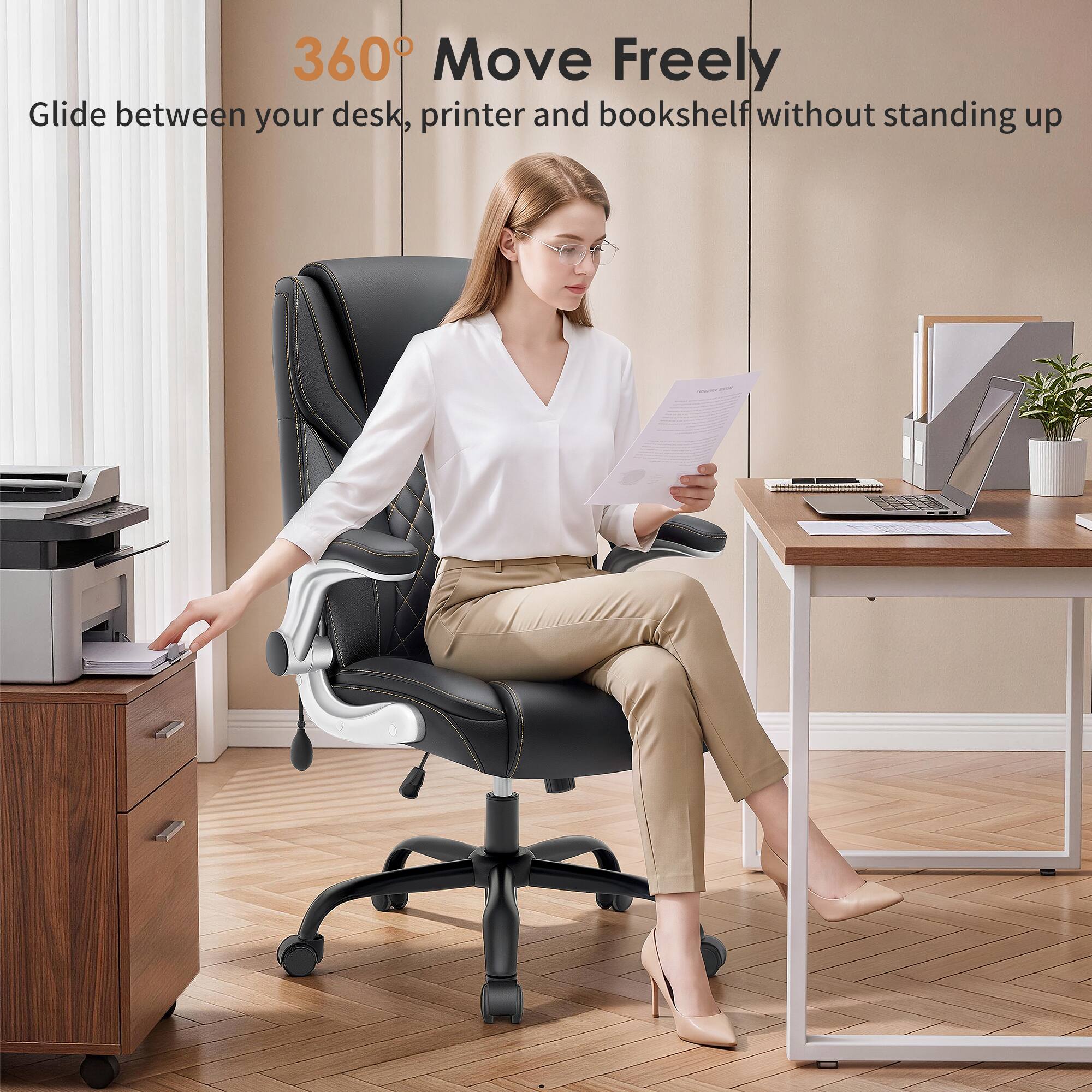 360° Move Freely  
Glide between your desk, printer and bookshelf without standing up