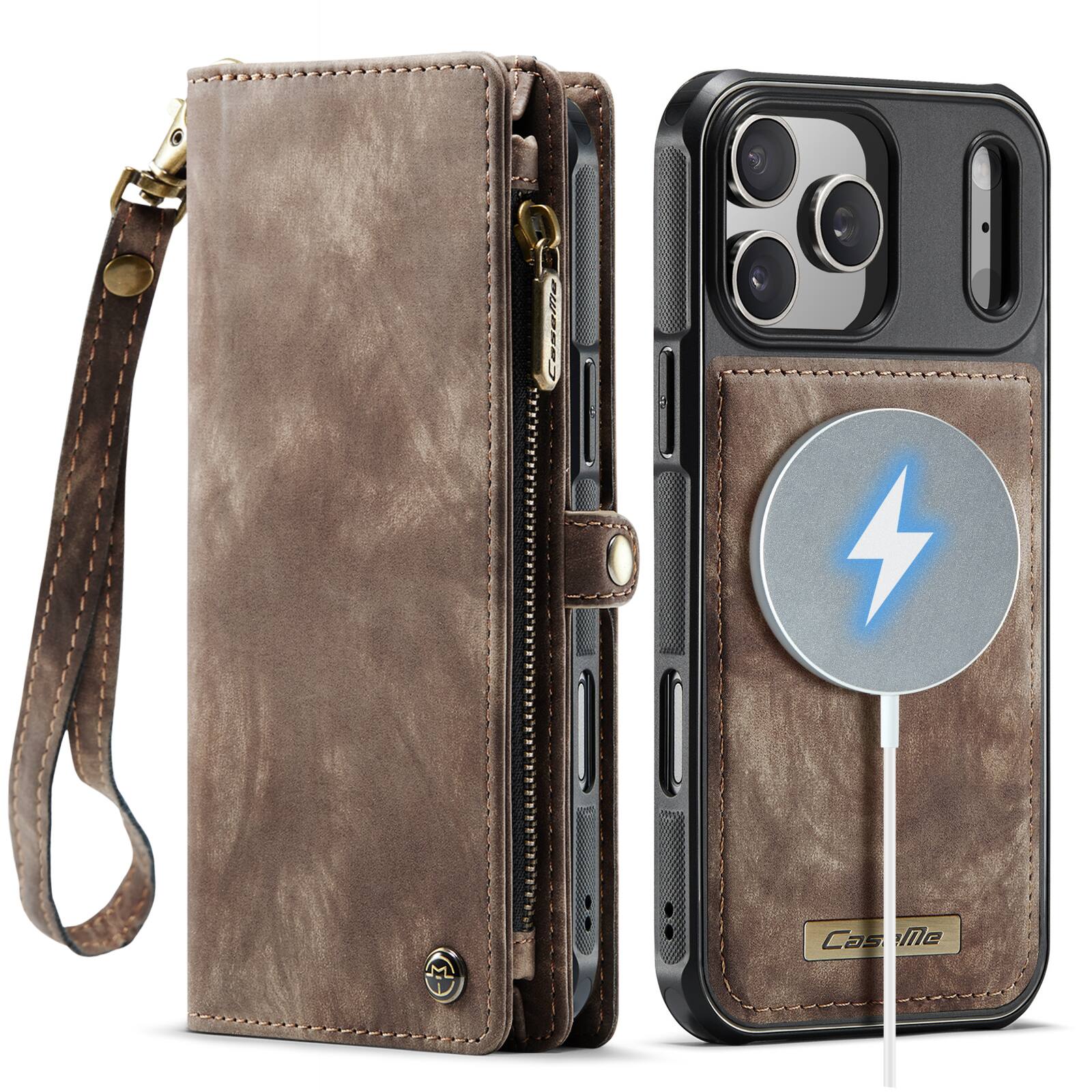 Angle. UUCOVER - Detachable Magnetic Zipper Wallet Case for Apple iPhone 17 Pro with RFID Card Slots & Wrist Strap, Flip Kickstand Cover - Darkbrown.