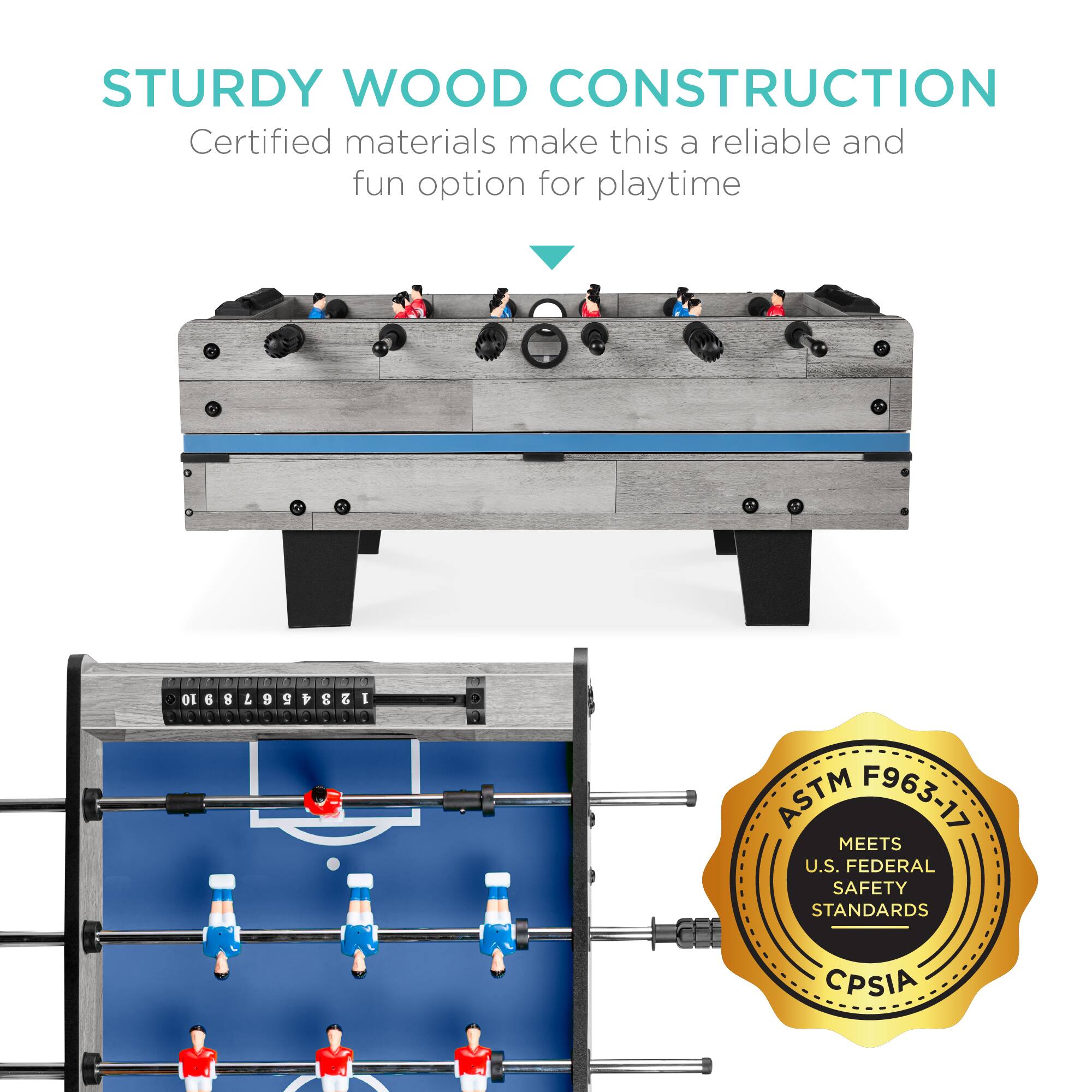 STURDY WOOD CONSTRUCTION

Certified materials make this a reliable and fun option for playtime.

ASTM F963-17 MEETS U.S. FEDERAL SAFETY STANDARDS CPSIA