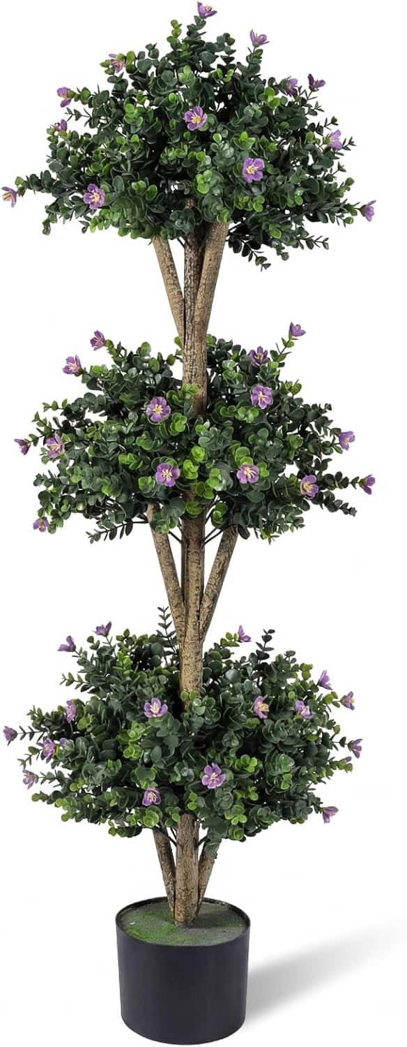 Gymax - 51'' Artificial Triple Ball Boxwood Topiary Tree w/ 59 Blossoms for Porch Home Green & Black - Purple price history on PriceWatchPro