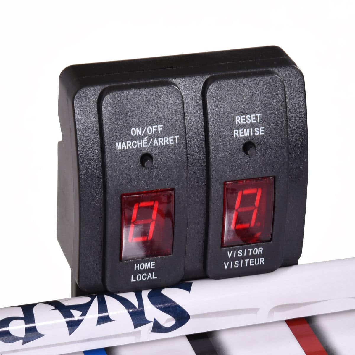 The text on the image reads: "ON/OFF MARCH/ARRET RESET REMISE SE VISITOR HOME VISITEUR LOCAL SNAP."