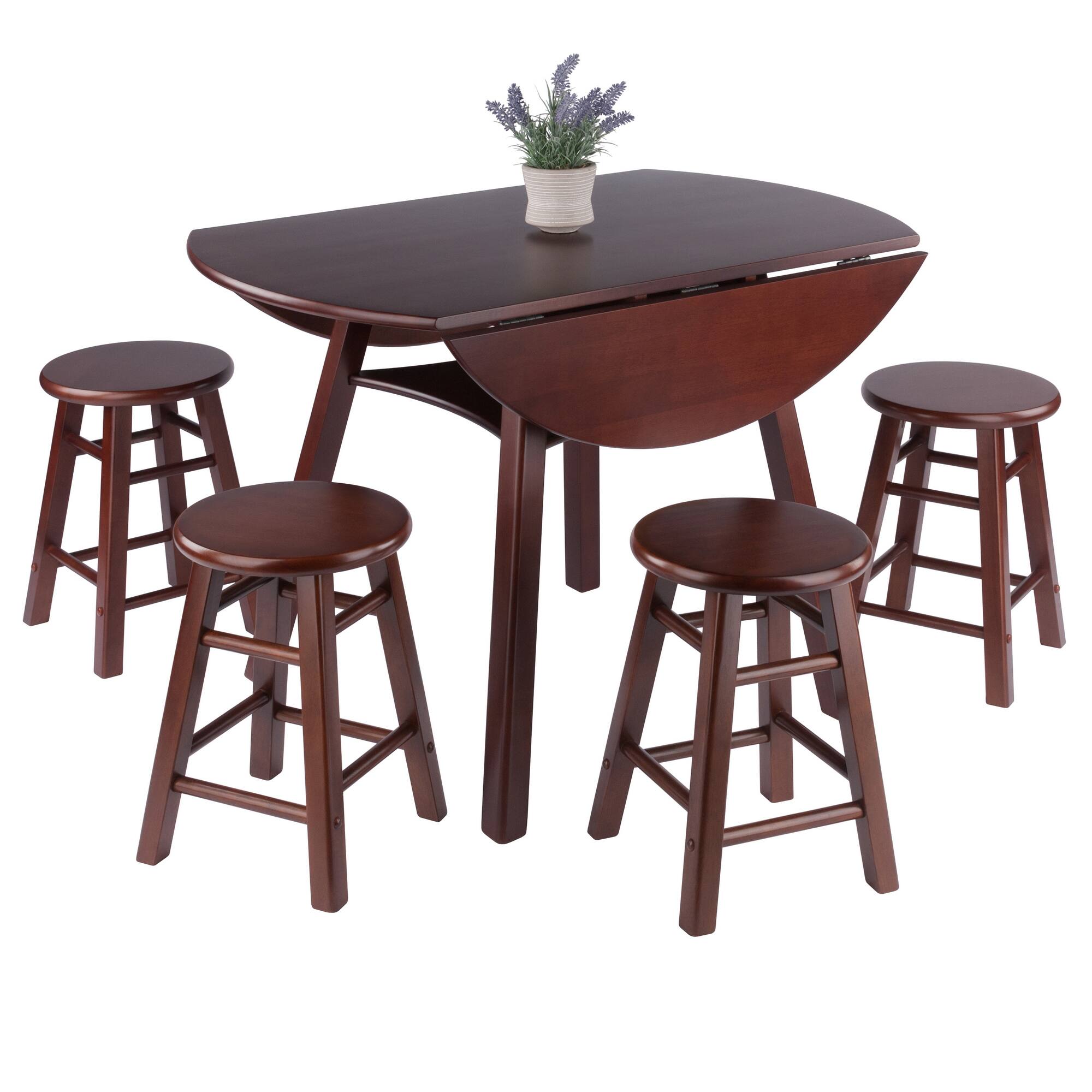 Alt View 6. Winsome Wood - Marbelle Table 5-Pc Drop Leaf Dining Table with 4 Element 18” Dining Stools - Walnut.