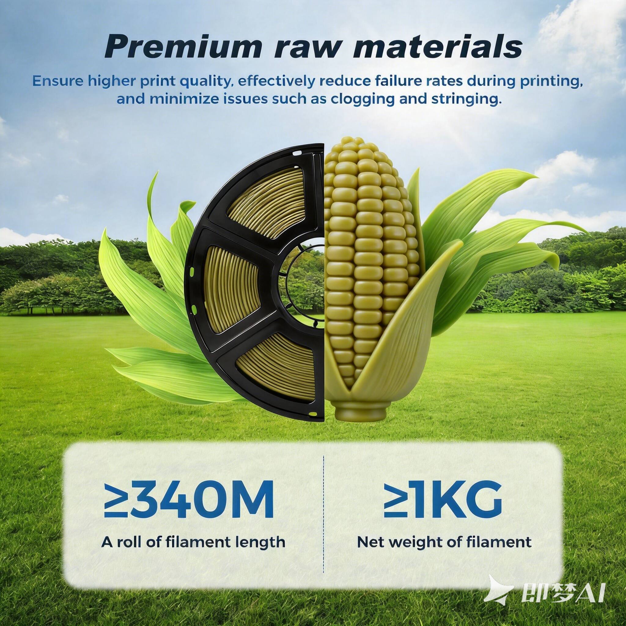 Premium raw materials ensure higher print quality, effectively reduce failure rates during printing, and minimize issues such as clogging and stringing.  
≥340M A roll of filament length  
≥1KG Net weight of filament