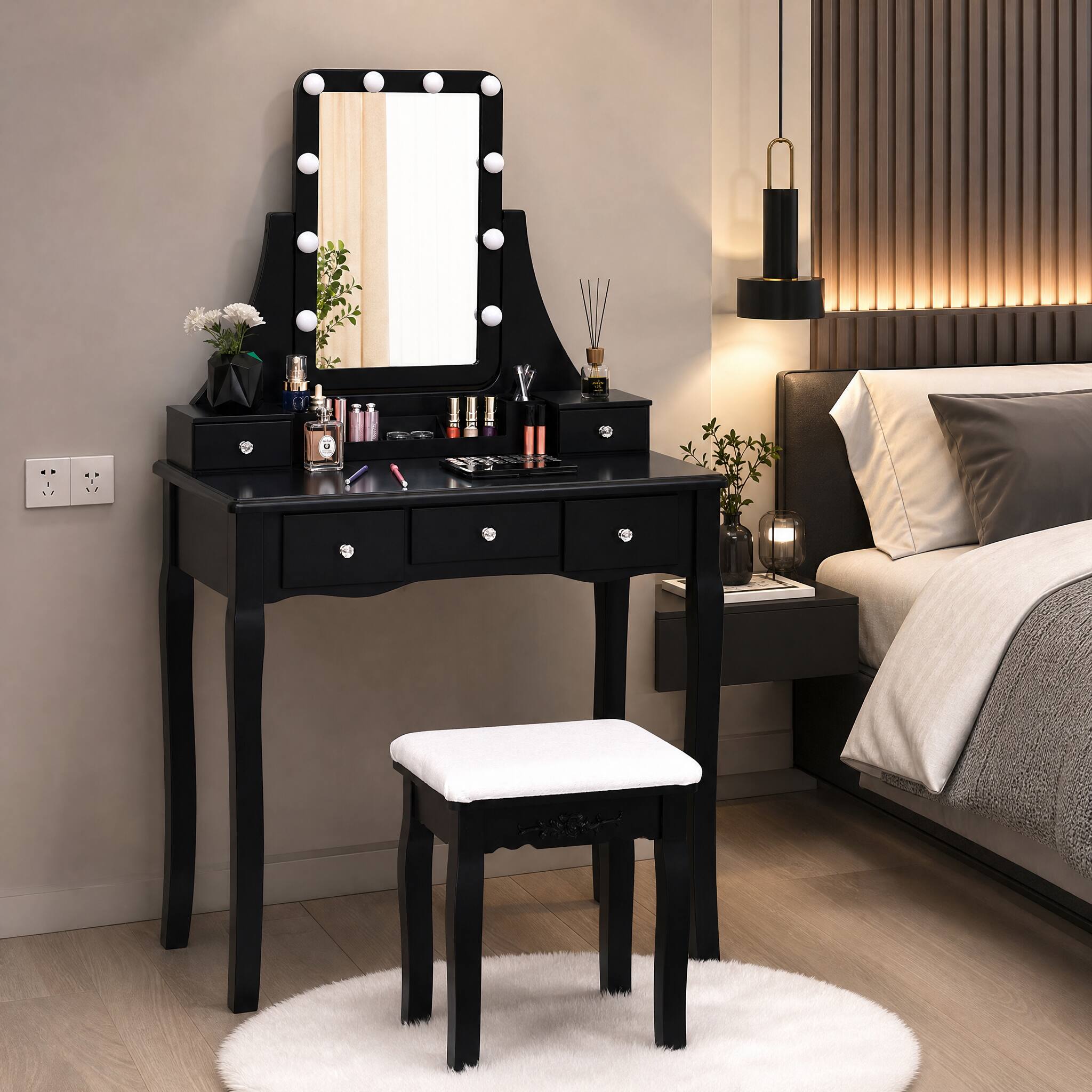 Angle. WELLFOR - Makeup Vanity Dressing Table Set with 360° Rotatable Mirror, Memory‑Brightness Function, 5 Drawers &Padded Stool - Black.