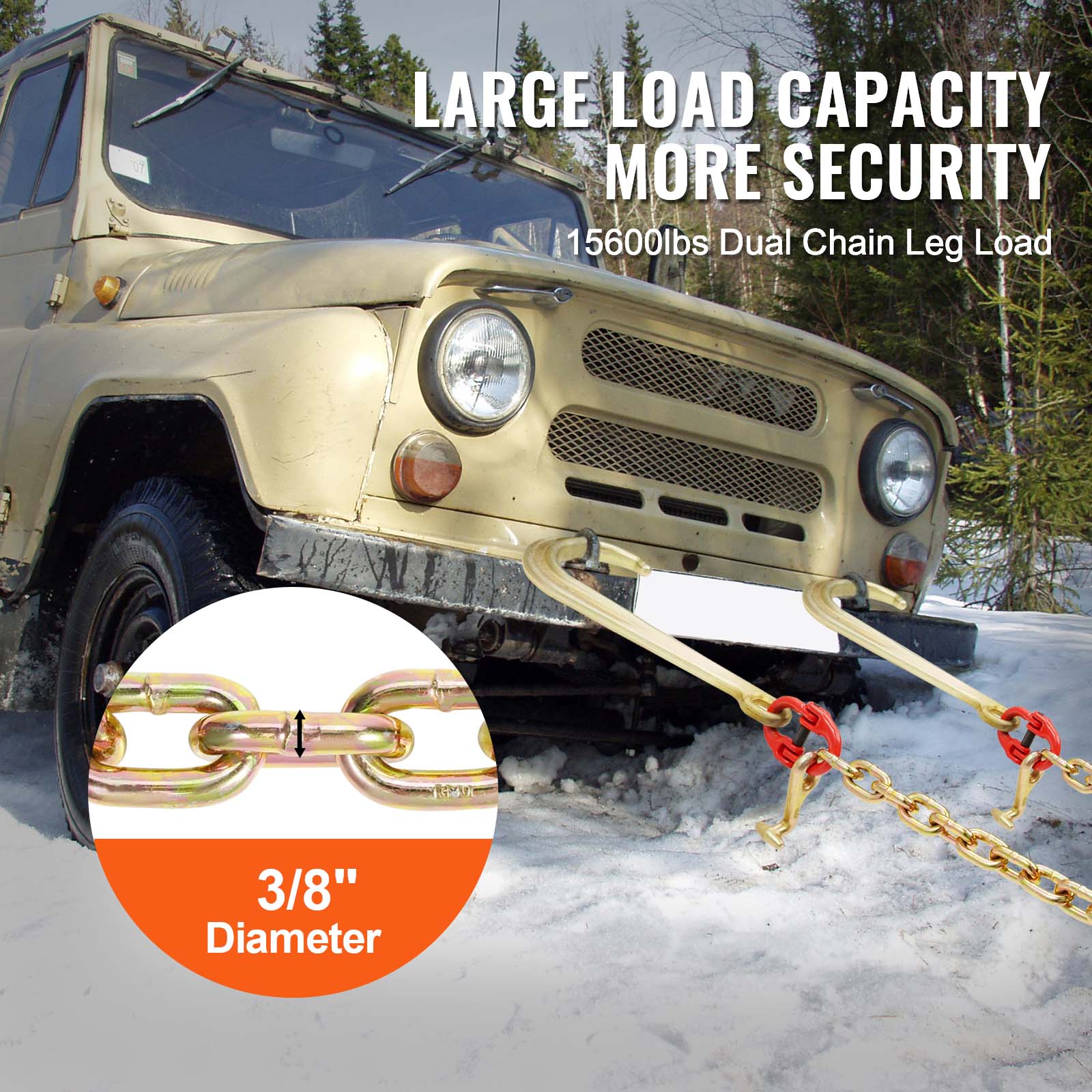 LARGE LOAD CAPACITY  
MORE SECURITY  

15600lbs Dual Chain Leg Load  
3/8" Diameter