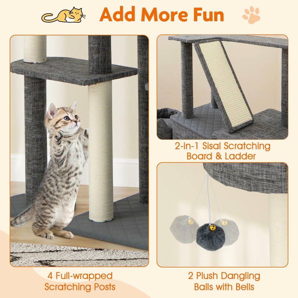 Add More Fun  
2-in-1 Sisal Scratching Board & Ladder  
4 Full-wrapped Scratching Posts  
2 Plush Dangling Balls with Bells