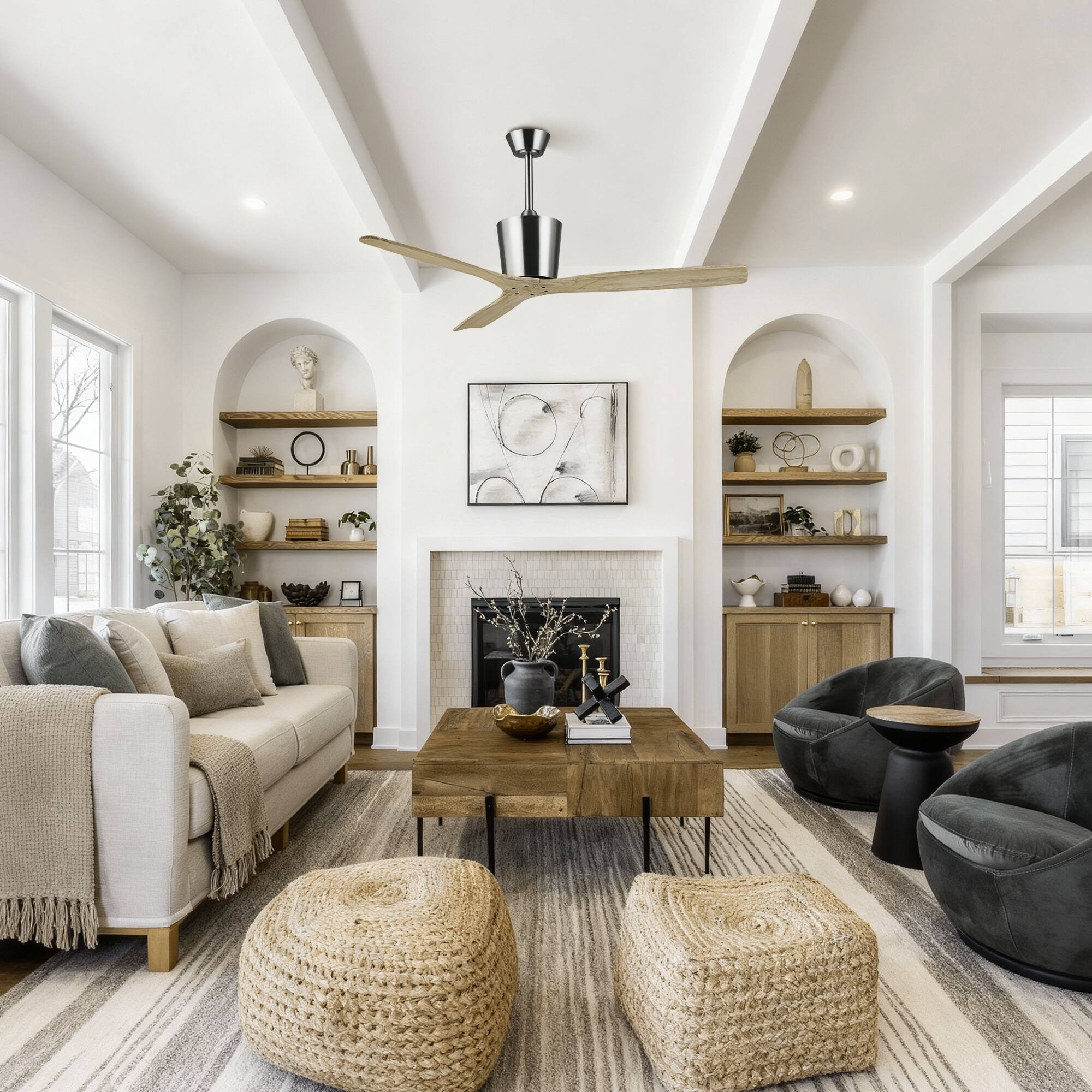 Alt View 1. Parrot Uncle - 54" Modern Solid Wood Chrome 6 Speeds Ceiling Fan with Remote, No Light - Chrome.