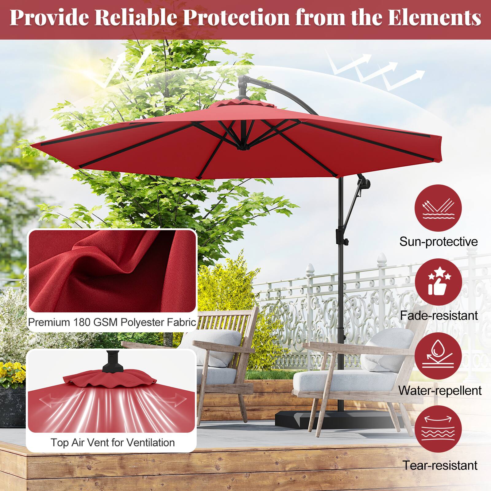 Provide Reliable Protection from the Elements

Sun-protective
Premium 180 GSM Polyester Fabric
Top Air Vent for Ventilation
Fade-resistant
Water-repellent
Tear-resistant