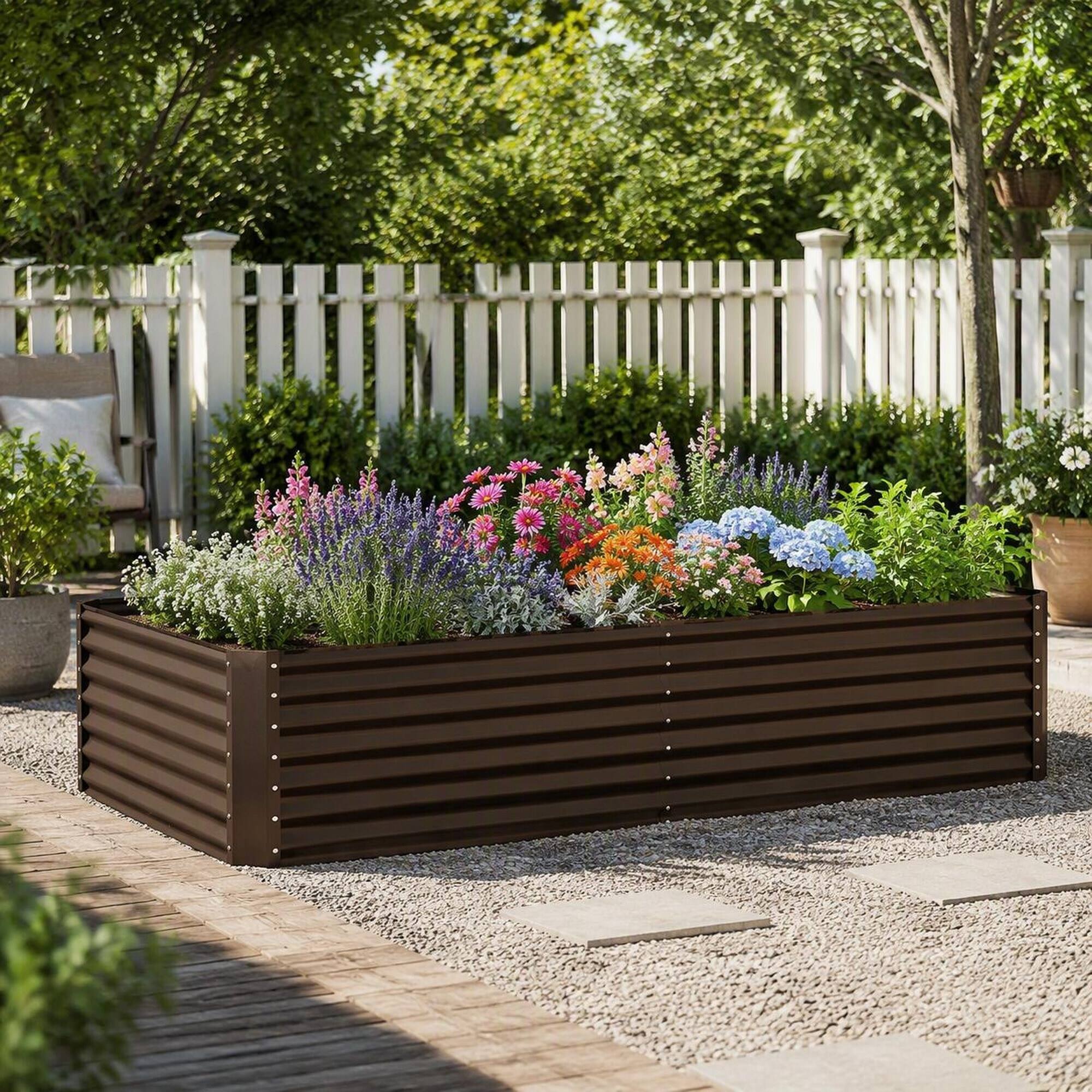 Back. RYHNUYNE - Galvanized Raised Garden Bed 8x4x2 ft Outdoor Metal Planter Box for Vegetables Flowers and Herbs with Open Base - Brown.