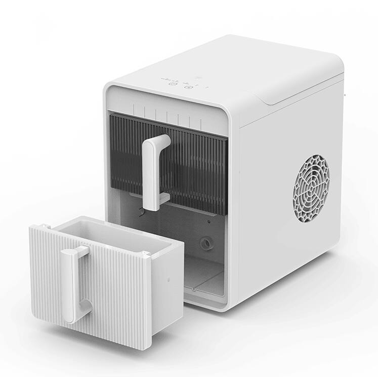 Angle. Mirfee - Blue Storage Ice Maker, 12kg/day Capacity, BPA-Free PVC, Portable Design for Camping & Travel - White.