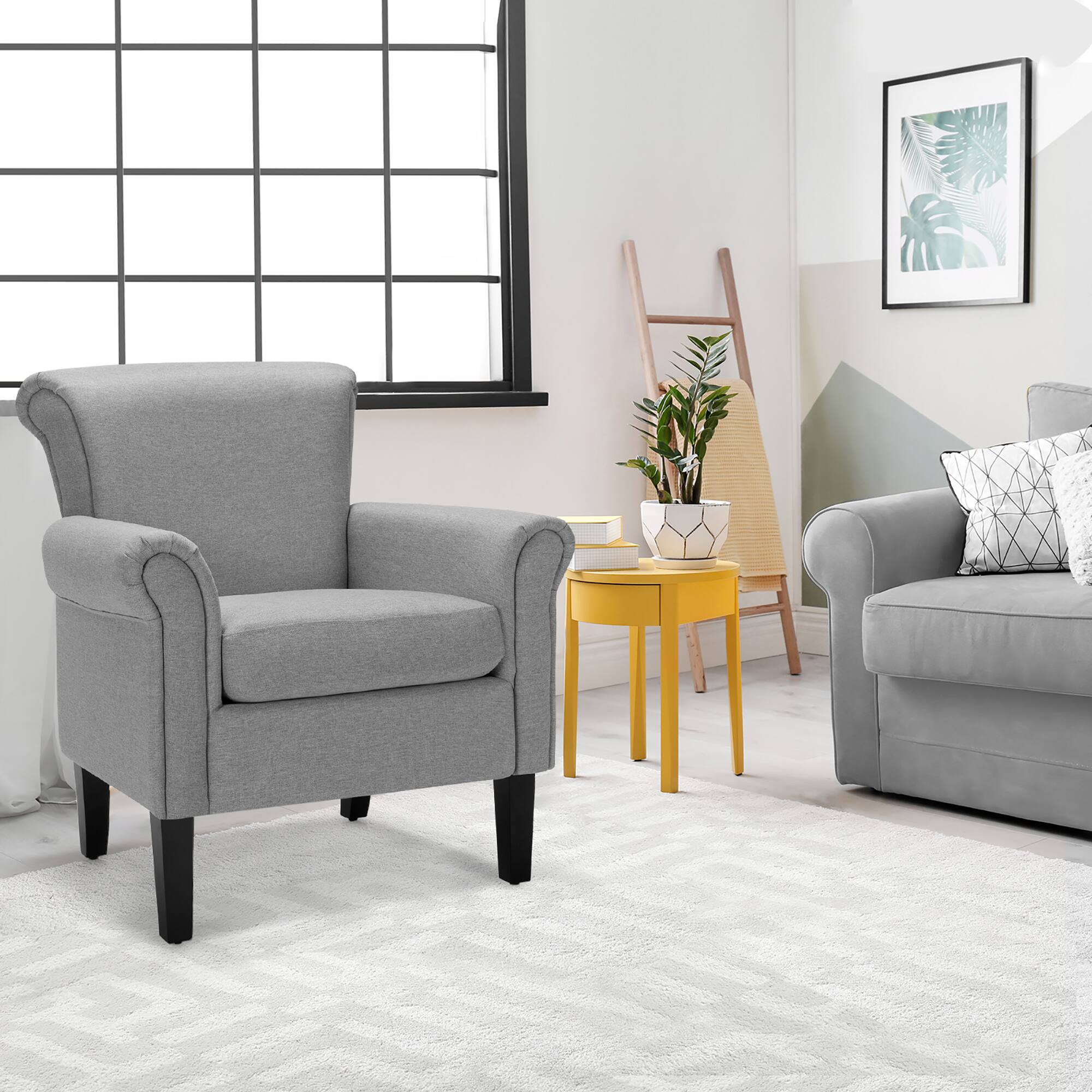 Left. Costway - Modern Upholstered Accent Chair with Rubber Wood Legs - Light Gray.
