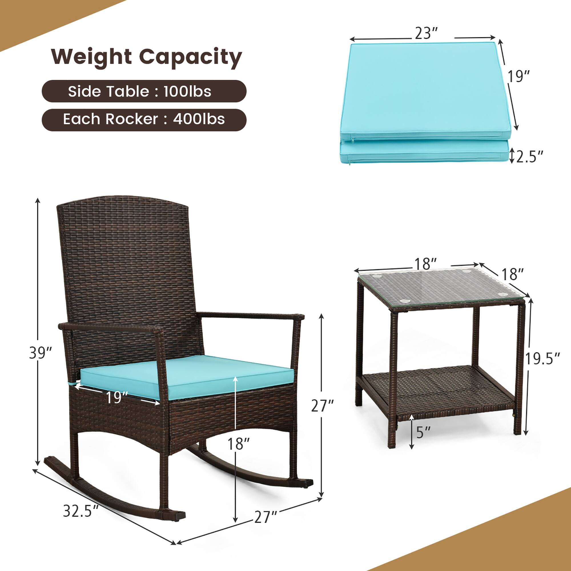 Weight Capacity  
Side Table: 100lbs  
Each Rocker: 400lbs  

Dimensions:  
Side Table: 23" x 19" x 2.5"  
Rocker: 39" x 19" x 18" x 18" x 27" x 32.5" x 5" x 19.5" x 18"