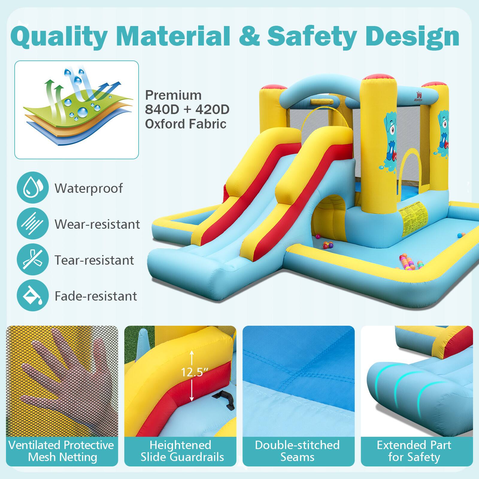 Quality Material & Safety Design

- Premium 840D + 420D Oxford Fabric
- Waterproof
- Wear-resistant
- Tear-resistant
- Fade-resistant

- Ventilated Protective Mesh Netting
- Heightened Slide Guardrails
- Double-stitched Seams
- Extended Part for Safety