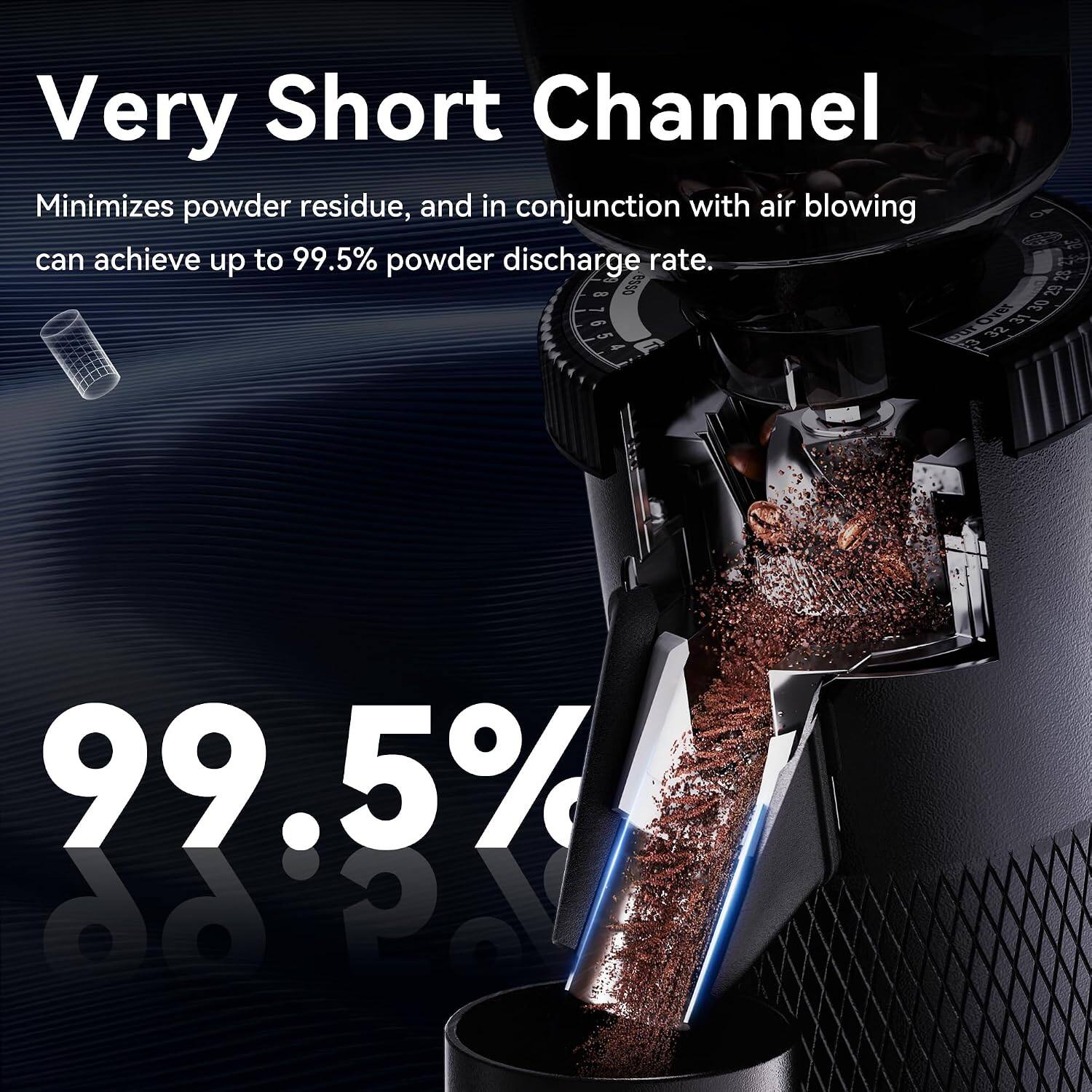 Very Short Channel  
Minimizes powder residue, and in conjunction with air blowing can achieve up to 99.5% powder discharge rate.  
99.5%