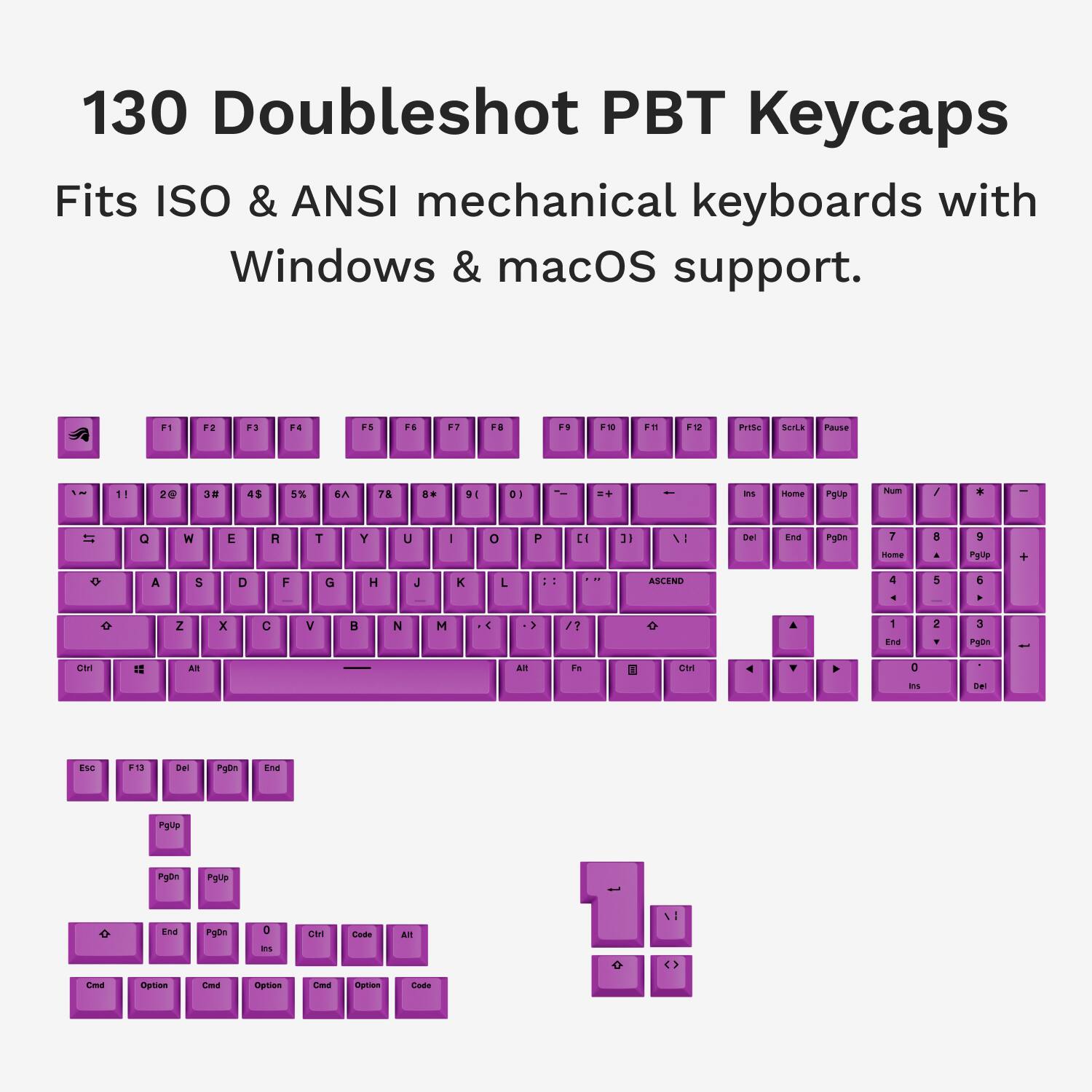 130 Doubleshot PBT Keycaps Fits ISO & ANSI mechanical keyboards with Windows & macOS support. F1 F2 F3 94 FS .S E FS E. -- 1n  PUtSc Serts Fause 11 20 38 4s % S.A 78 .. 94 DI I .. - is iame Pqup NUm / + = a N E R T Y u I O P C 11 \I B4 Ena Pybs 1 noma A - 9 Prip + o A S D F G H J K L . ASCINO 4 + 5 6 . o Z x C V D N M & : /7 1 Tne 2 . 3 Pd : ER 1 an a Fr   s iE ES 13 DE Pdn ind rgup Pyon Pgtp Ena Pgln a ans LaN code l Cn Sarion m Opton Cma Option Coda