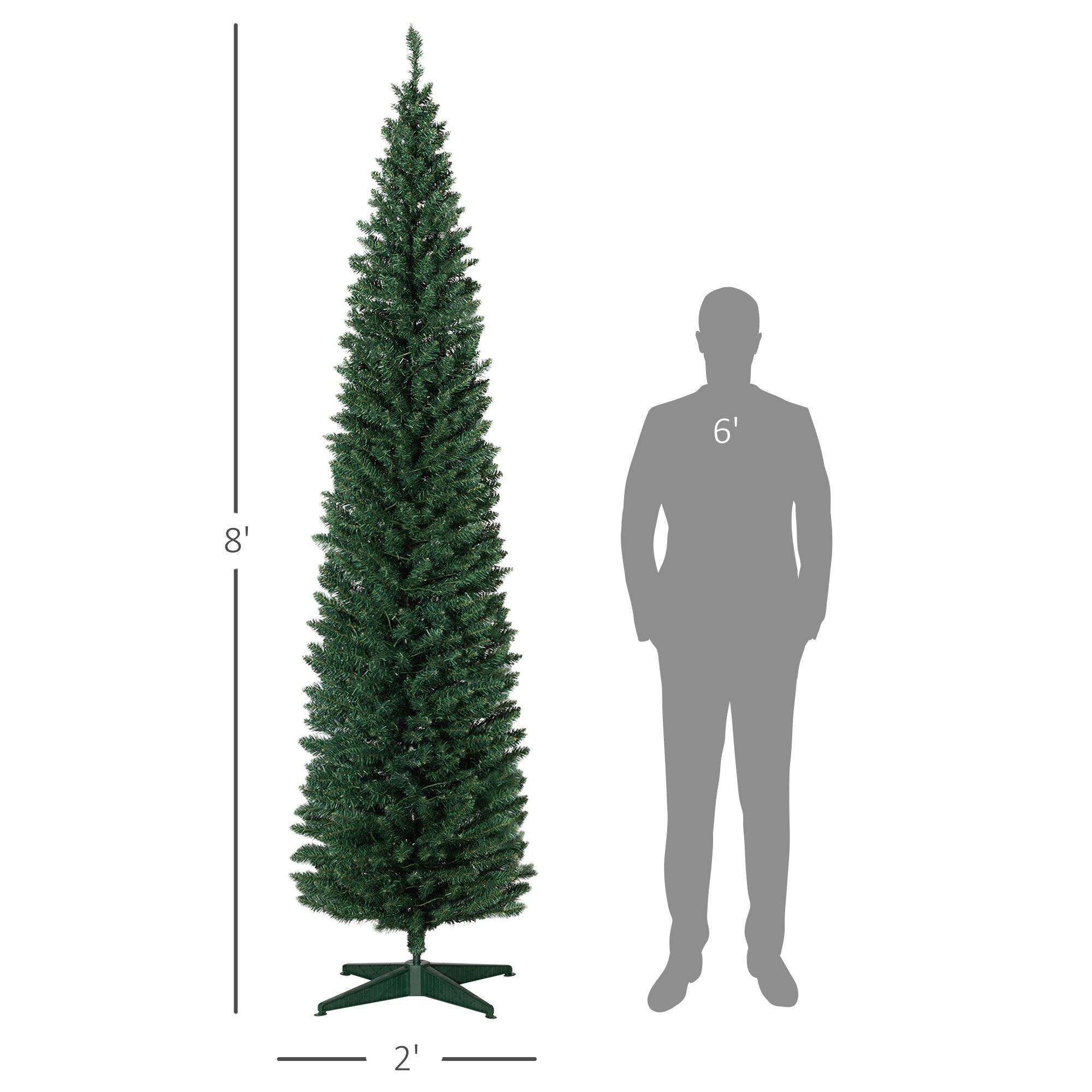 Left. BreeBe - 8 ft Tall Pre-Lit Slim Noble Fir Artificial Christmas Tree with 300 Warm White LED Lights and 618 Tips - Green.