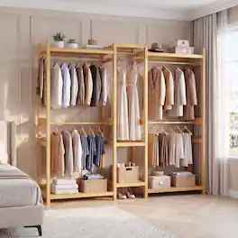 Aheaplus - Bamboo Large Freestanding Garment Rack - 7 Shelves, 5 Rods & 4 Hooks - Open Closet Organizer - Natural
