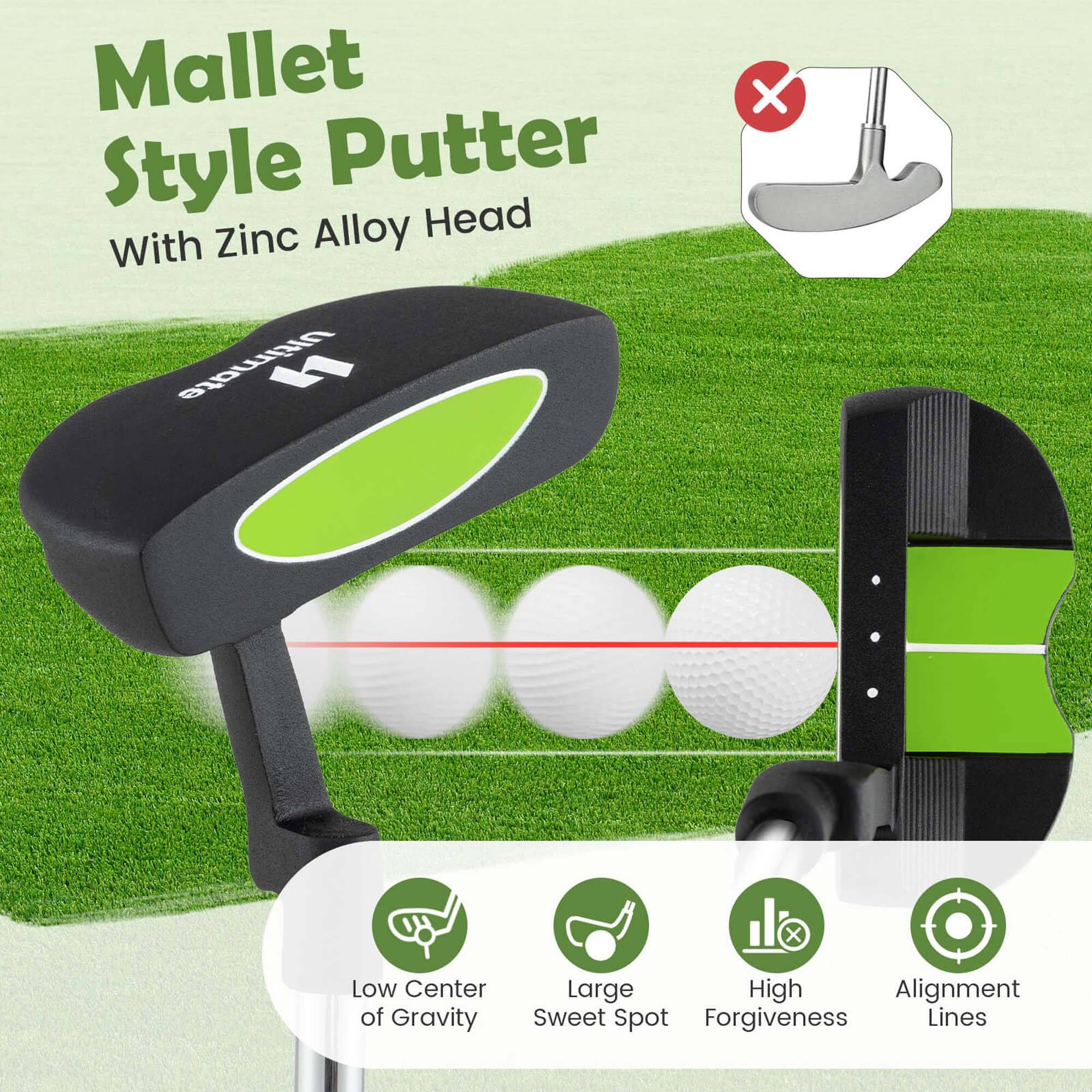 Mallet Style Putter  
With Zinc Alloy Head  

- Low Center of Gravity  
- Large Sweet Spot  
- High Forgiveness  
- Alignment Lines