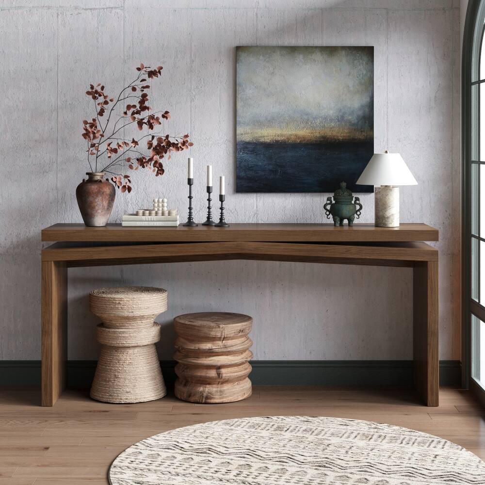 Angle. Loheer - Loheer 65-Inch Solid Wood Veneer Console Table, Long Farmhouse Entryway Sofa Table, Rustic Brown - Deep Rustic Brown.
