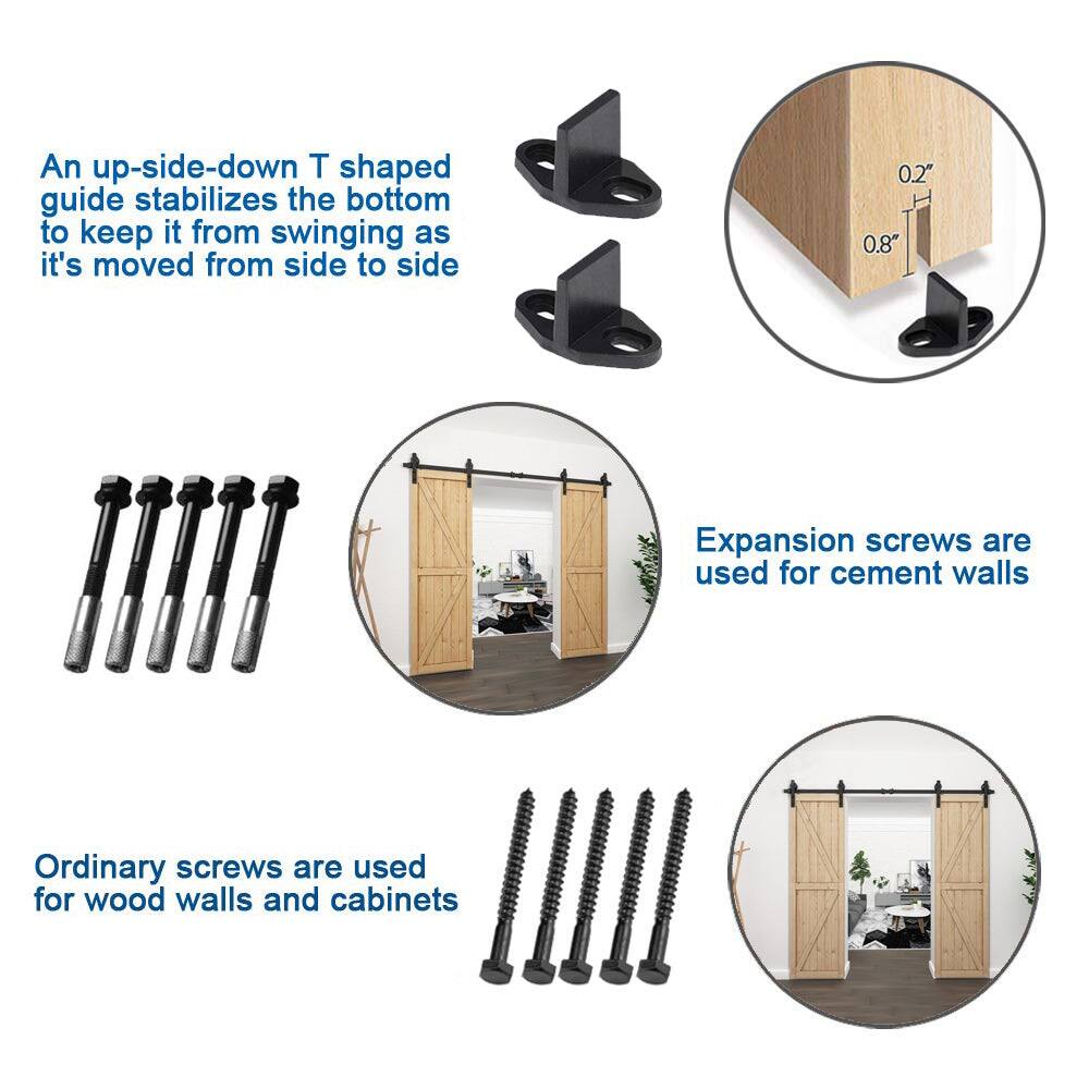 An up-side-down T shaped guide stabilizes the bottom to keep it from swinging as it's moved from side to side

Expansion screws are used for cement walls

Ordinary screws are used for wood walls and cabinets