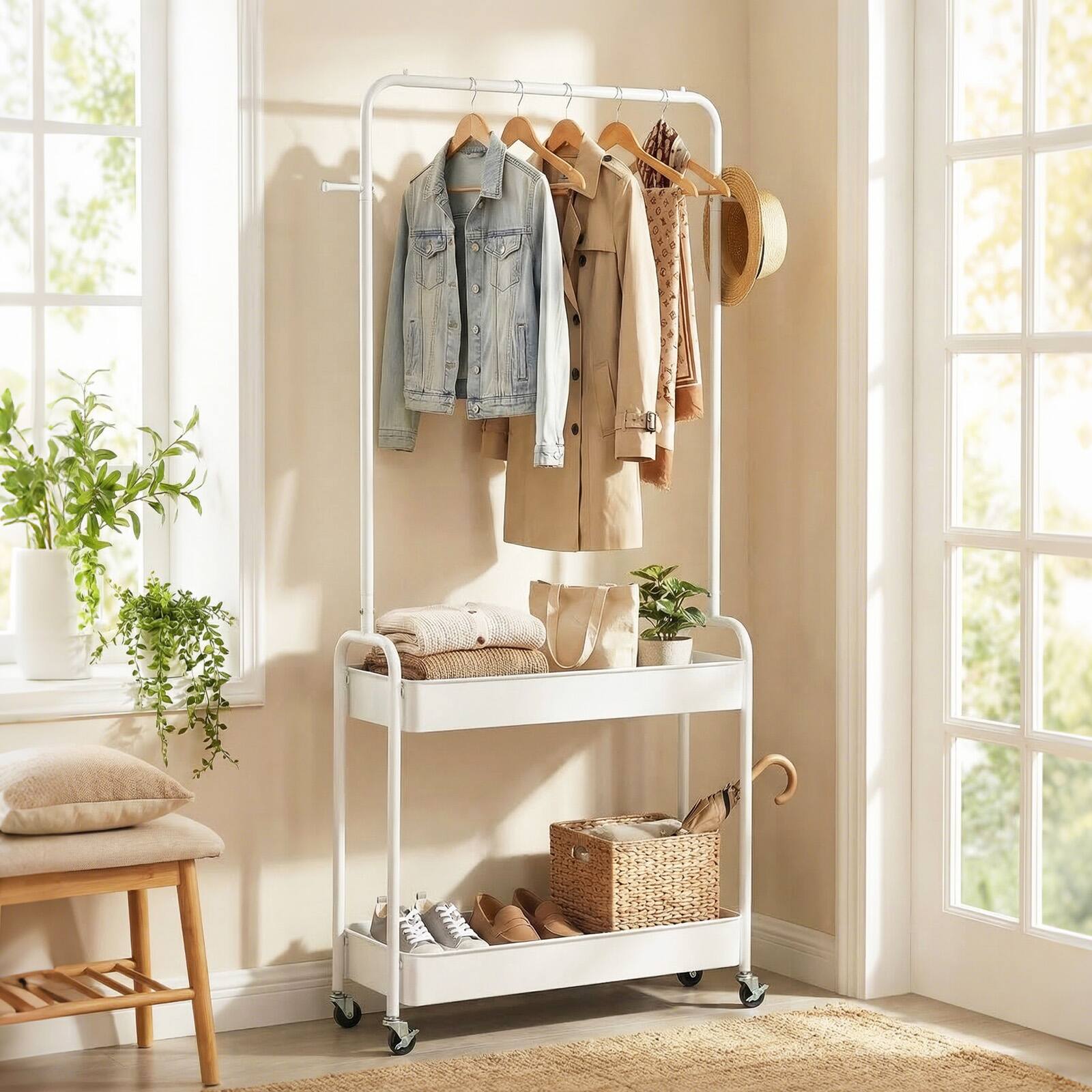 Alt View 3. Gymax - Gymax Rolling Clothes Rack w/Hanging Rod Side Hooks Storage Baskets Lockable Wheels White - White.