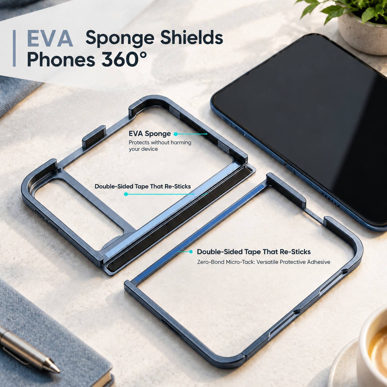 EVA Sponge Shields Phones 360°

EVA Sponge
Protects without harming your device

Double-Sided Tape That Re-Sticks

Double-Sided Tape That Re-Sticks
Zero-Bond Micro-Tack: Versatile Protective Adhesive