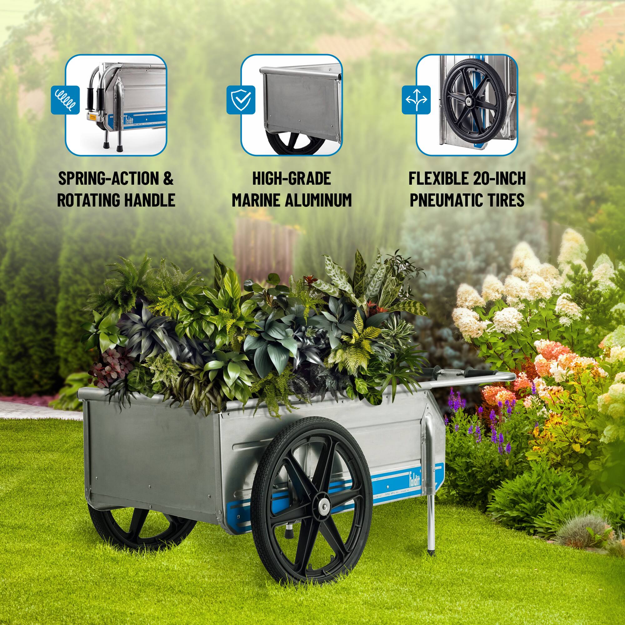 - SPRING-ACTION & ROTATING HANDLE
- HIGH-GRADE MARINE ALUMINUM
- FLEXIBLE 20-INCH PNEUMATIC TIRES