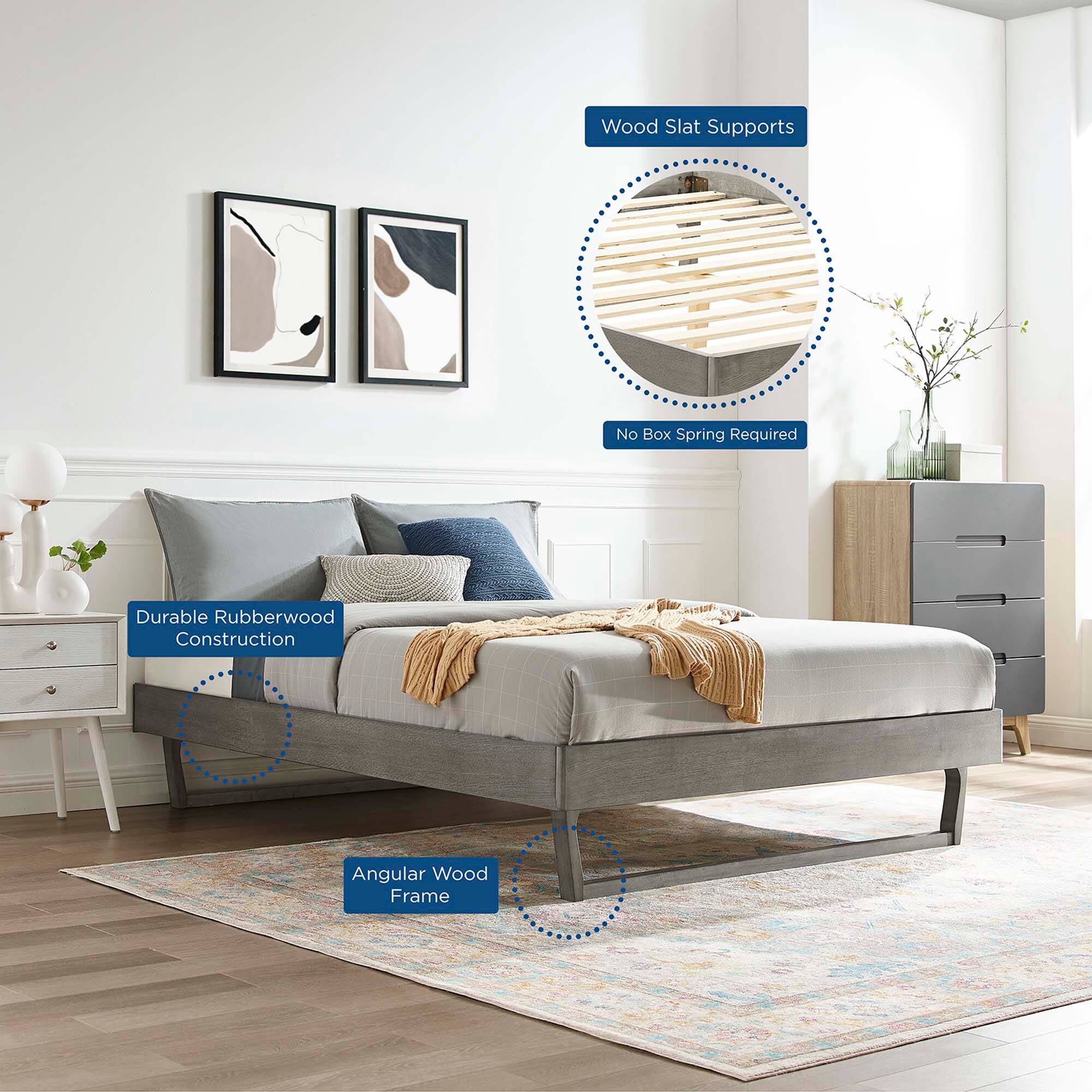 - Wood Slat Supports
- No Box Spring Required
- Durable Rubberwood Construction
- Angular Wood Frame