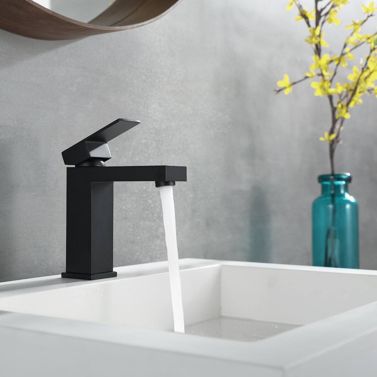 Alt View 4. Boyel Living - Single Hole Single Handle Low Arc Waterfall Bathroom Faucet Matte Black with Supply Lines Modern Durable Easy Install - Matte Black - Short.
