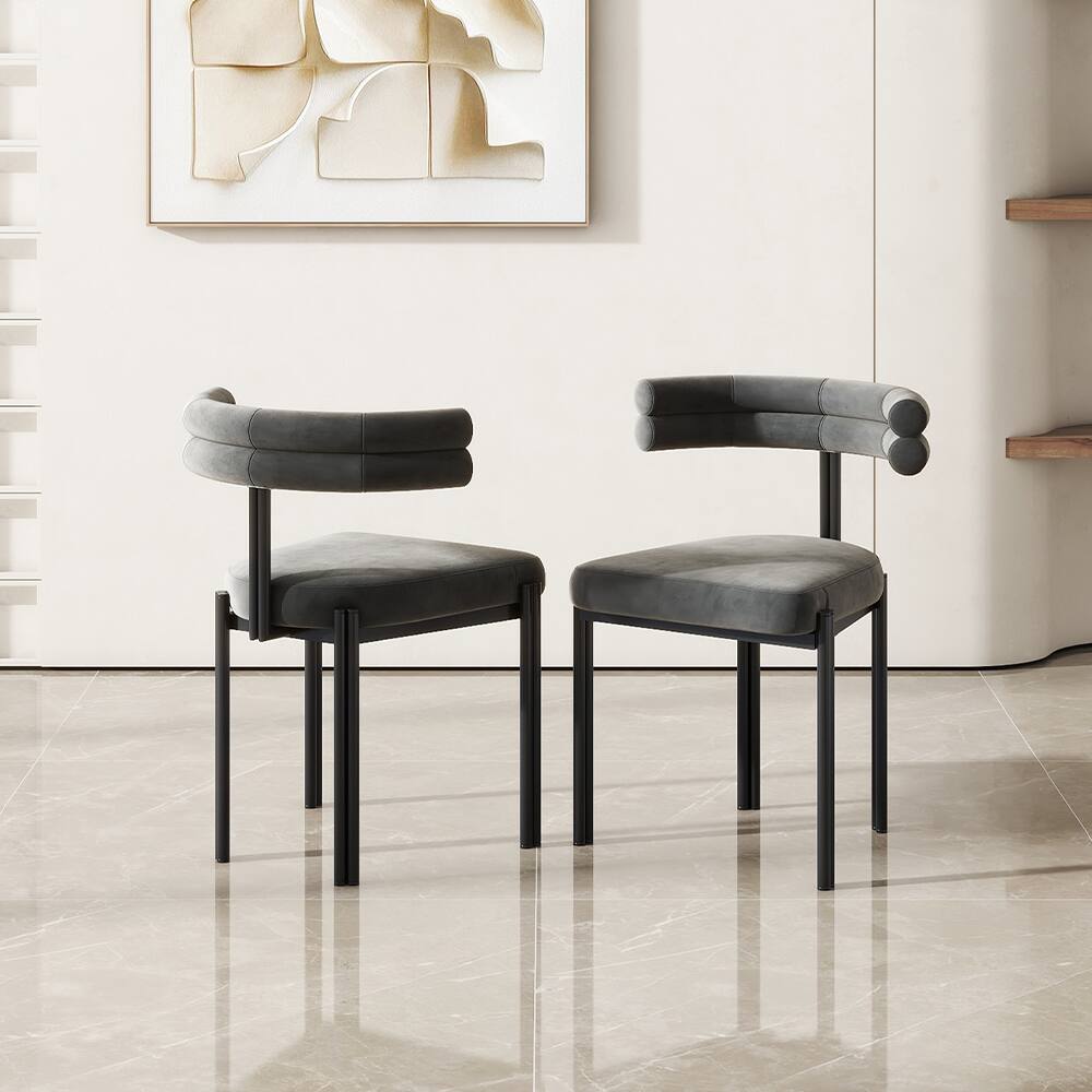 Back. POVISON - Modern Velvet Upholstered Dining Chairs Set of 2, Gray Side Chairs, Fully Assembled - Gray & Black.