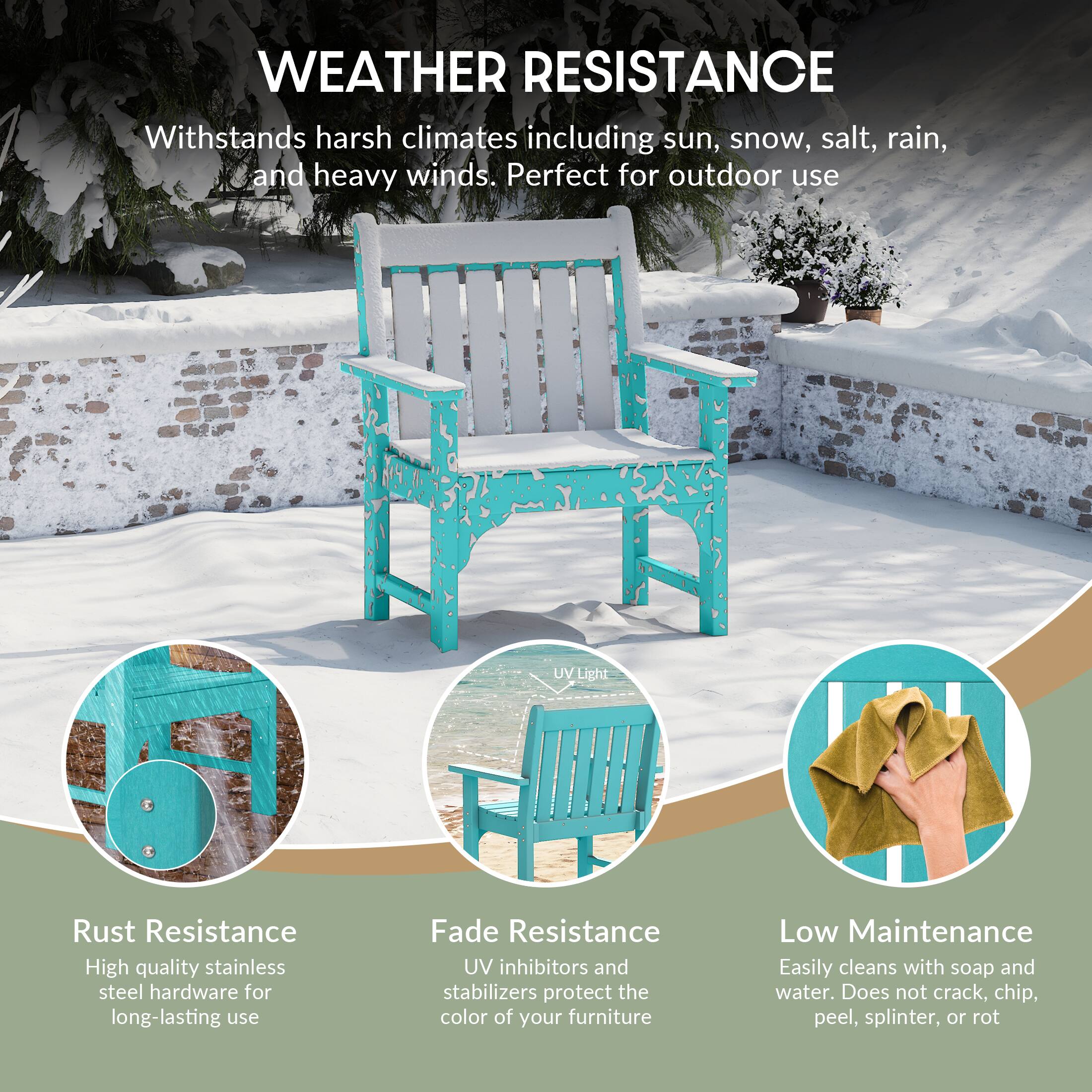 WEATHER RESISTANCE  
Withstands harsh climates including sun, snow, salt, rain, and heavy winds. Perfect for outdoor use

UV Light

Rust Resistance  
High quality stainless steel hardware for long-lasting use

Fade Resistance  
UV inhibitors and stabilizers protect the color of your furniture

Low Maintenance  
Easily cleans with soap and water. Does not crack, chip, peel, splinter, or rot