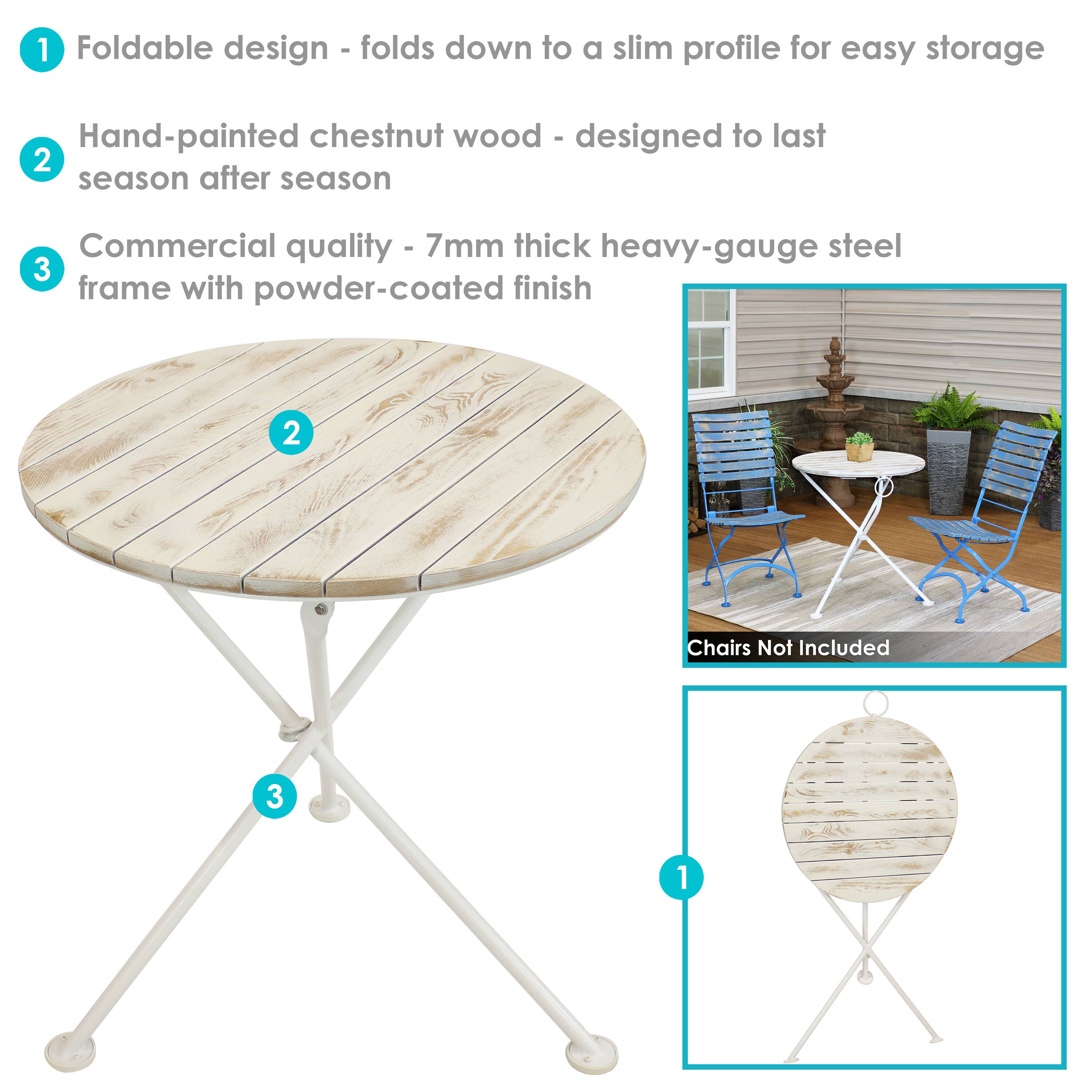 1. Foldable design - folds down to a slim profile for easy storage
2. Hand-painted chestnut wood - designed to last season after season
3. Commercial quality - 7mm thick heavy-gauge steel frame with powder-coated finish

Chairs Not Included