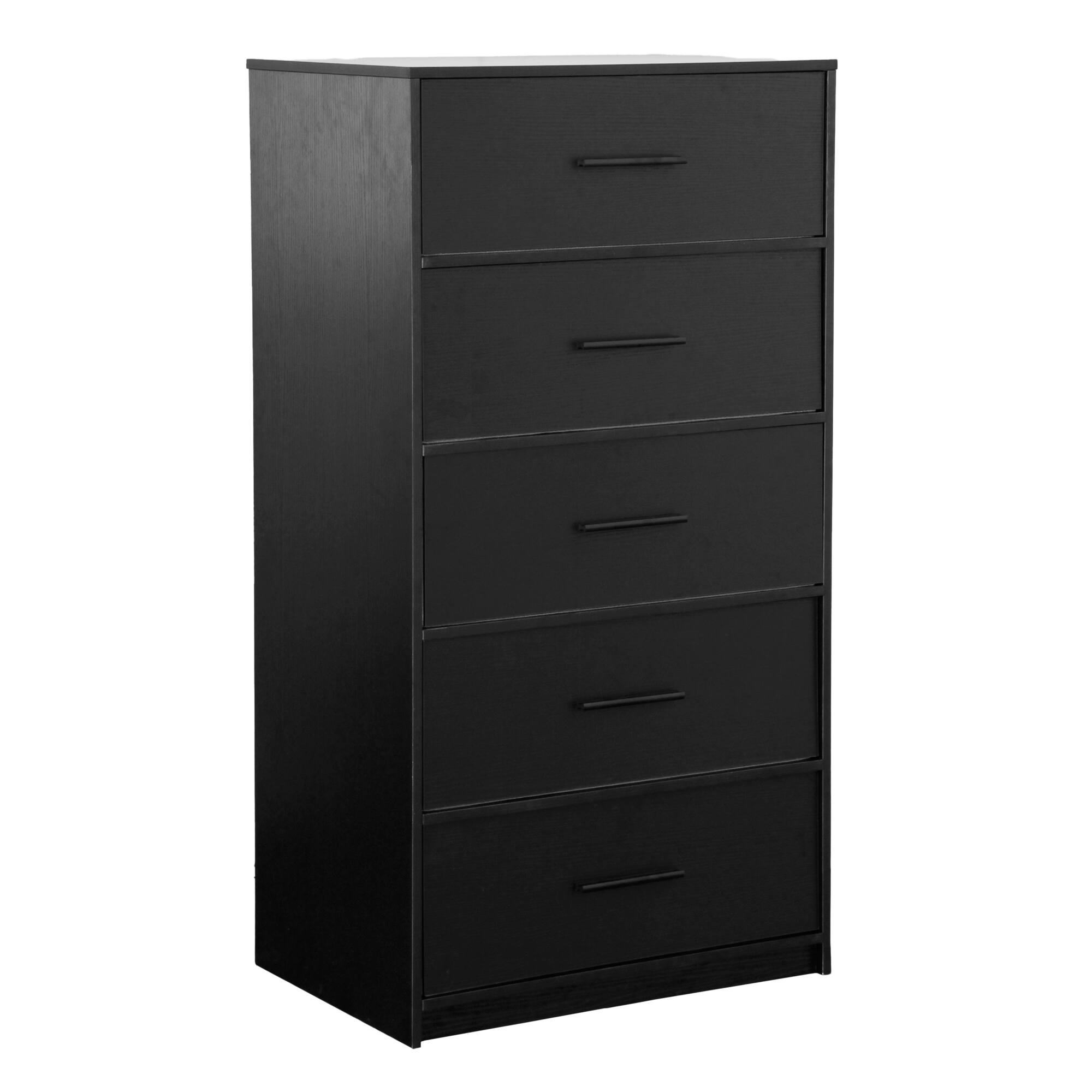 Angle. GOODSILO - Modern 5-Drawer Fabric Dresser with Wooden Top for Bedroom, Living Room, or Office Storage - Black.