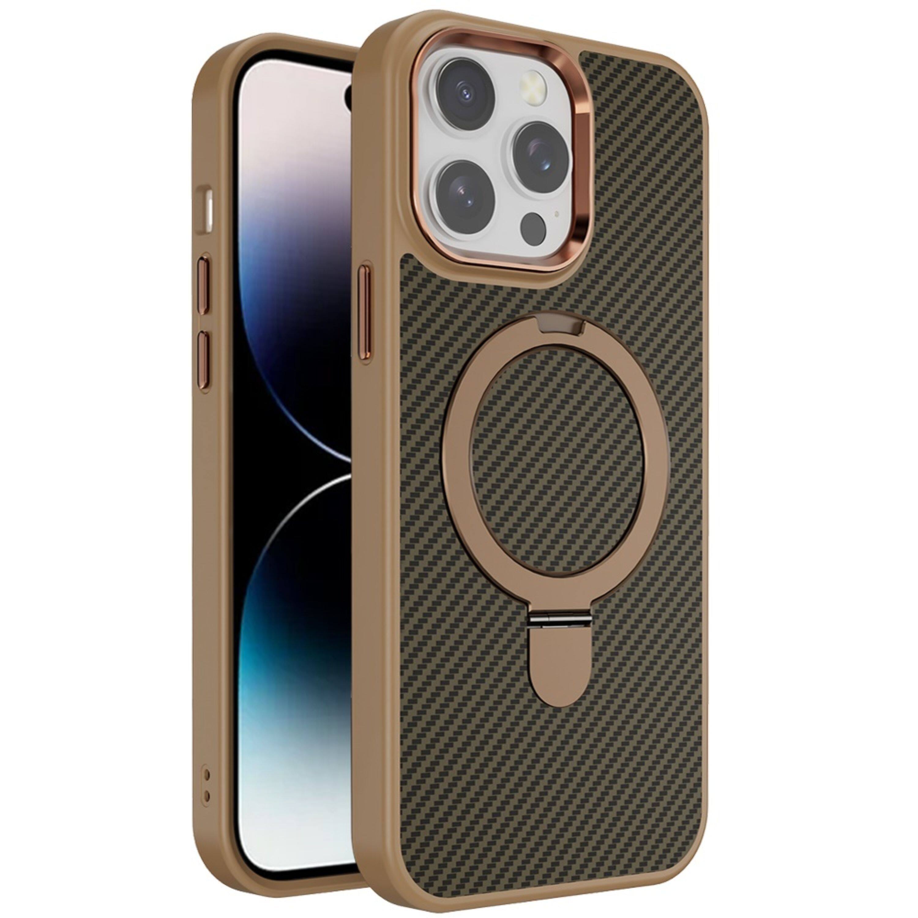 Angle. Kitcheniva - Carbon Fiber Magnetic Ring Stand Case For iPhone 14 Pro Max Brown - Brown.